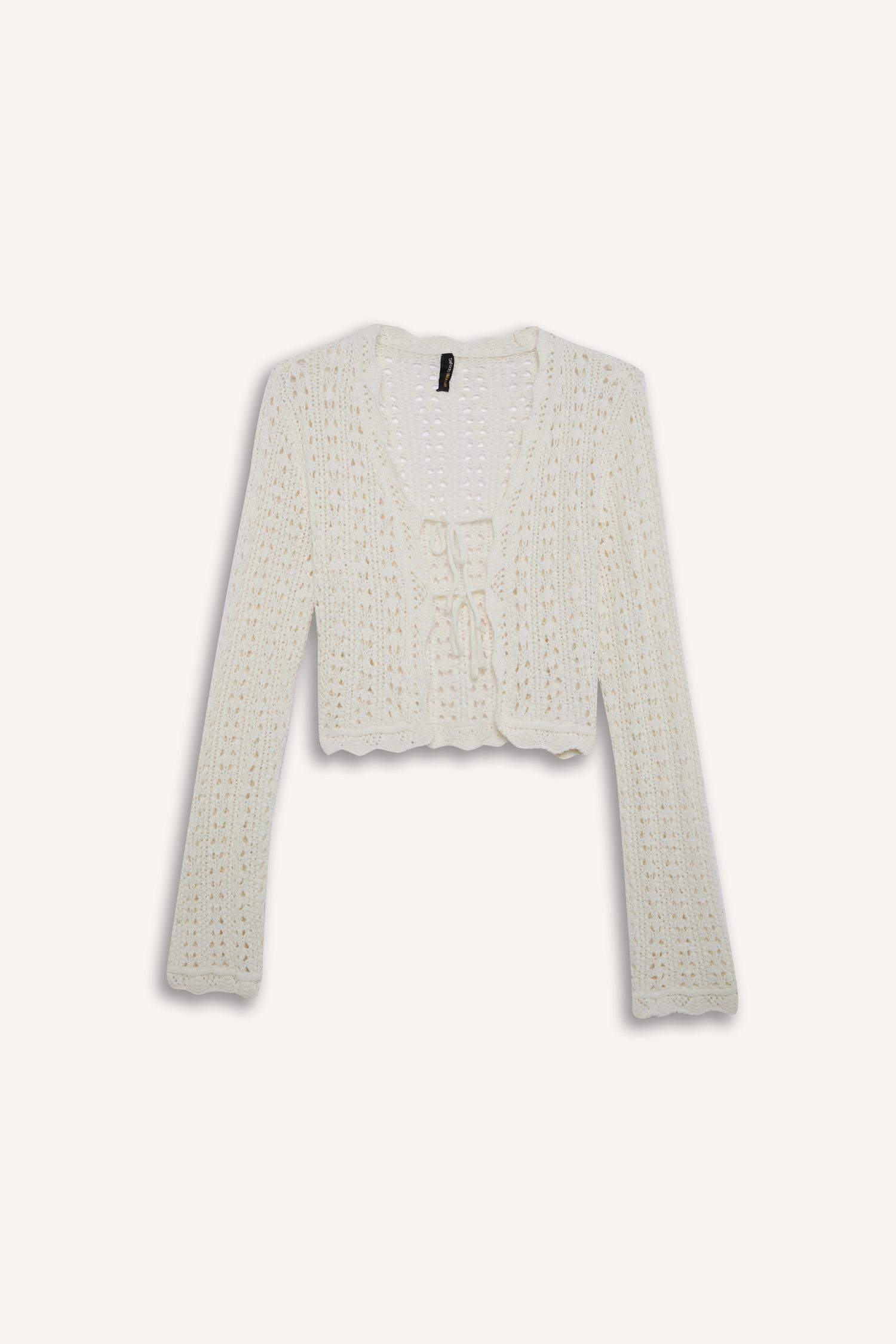 Regular Fit V Yaka Bağlamalı Kroşe Triko Hırka