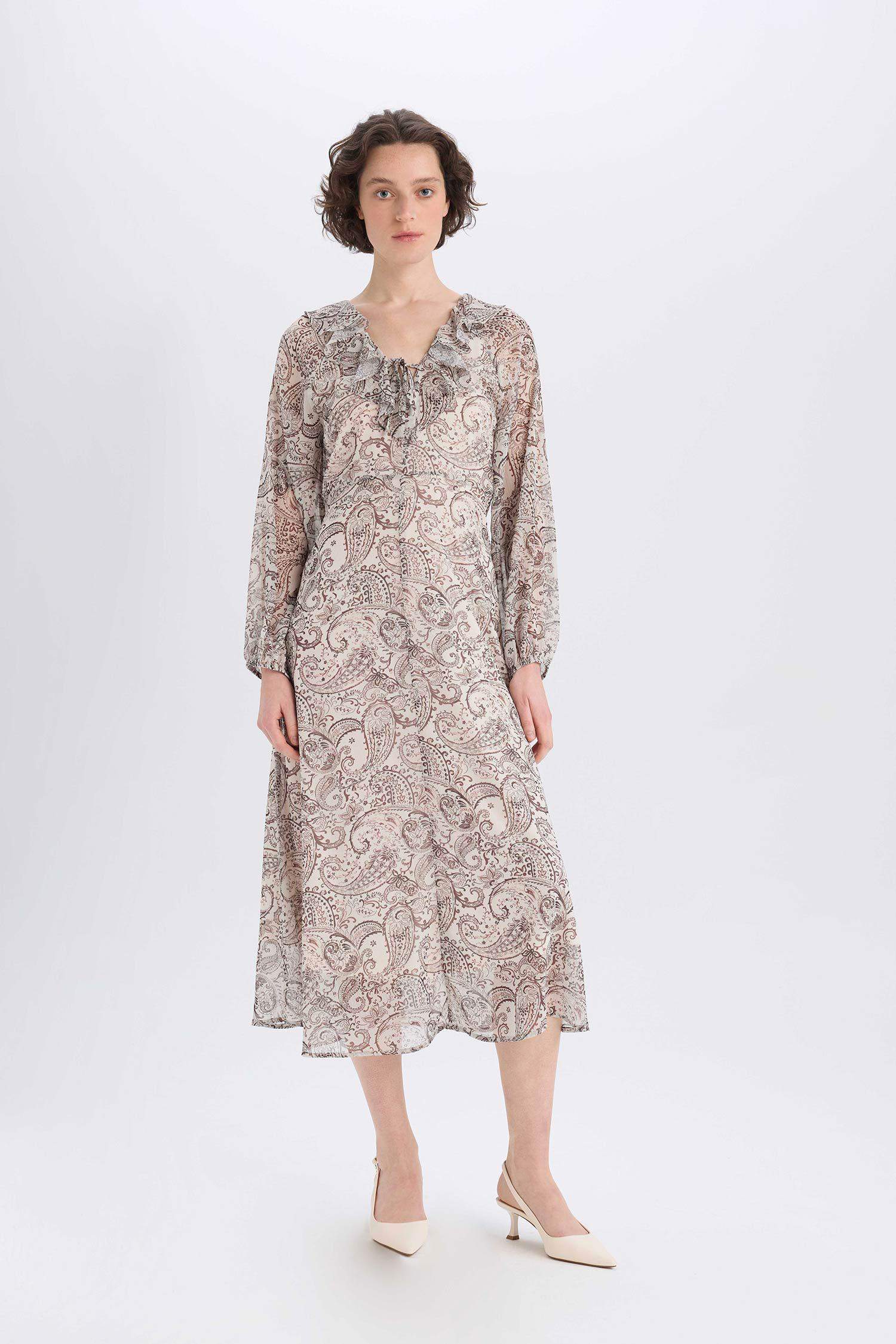 Fırfırlı Yaka Etnik Desenli Şifon Uzun Kollu Midi Elbise