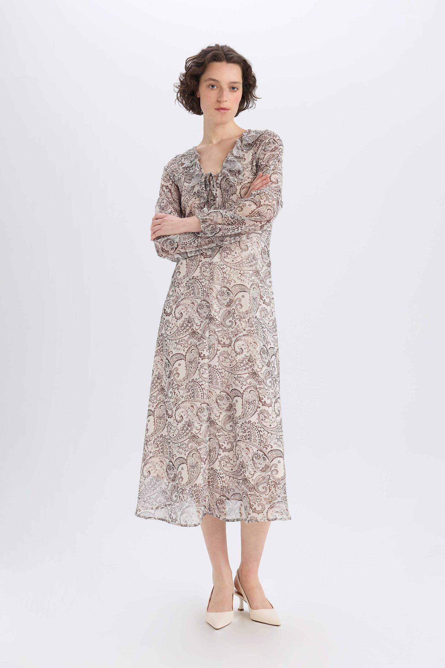 Fırfırlı Yaka Etnik Desenli Şifon Uzun Kollu Midi Elbise