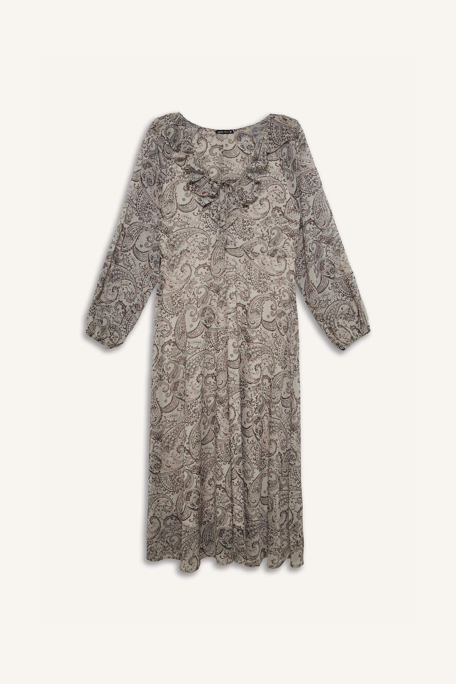 Fırfırlı Yaka Etnik Desenli Şifon Uzun Kollu Midi Elbise