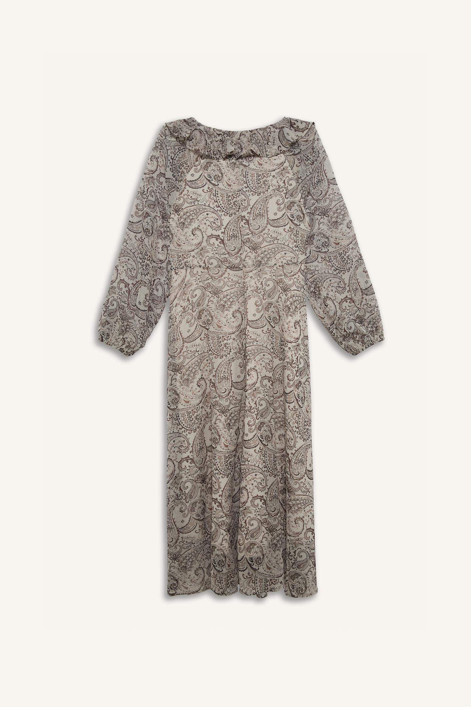 Fırfırlı Yaka Etnik Desenli Şifon Uzun Kollu Midi Elbise