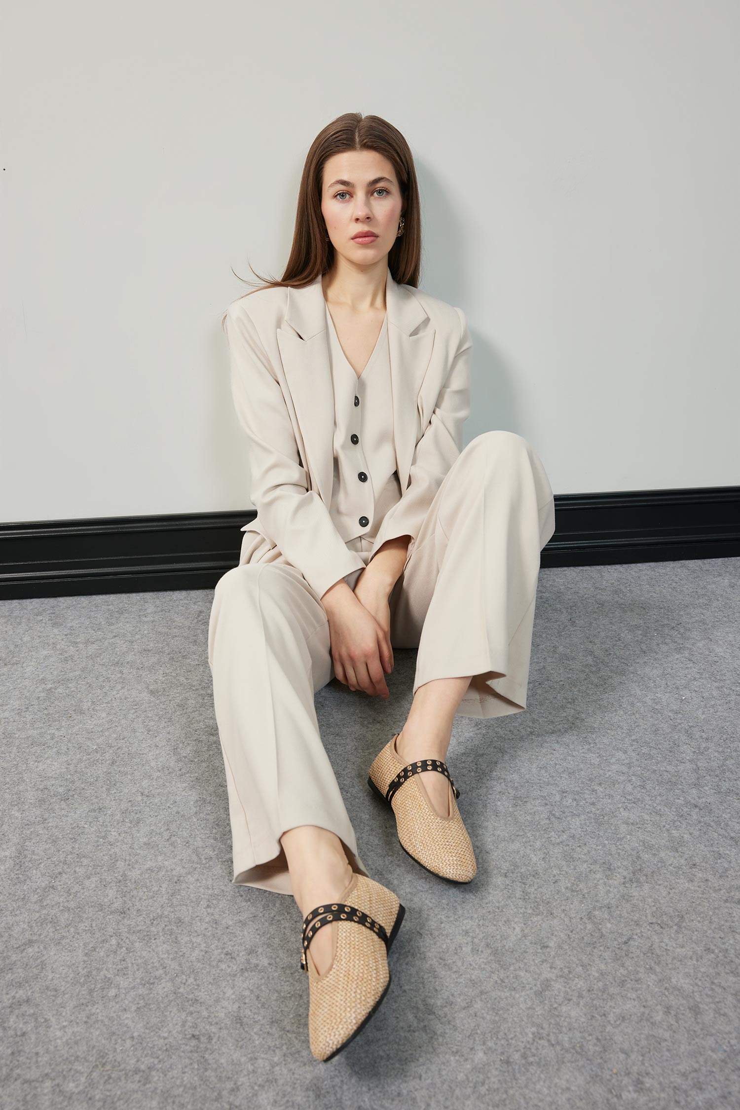 Woman Double Strap Straw Ballerina Flat Shoes