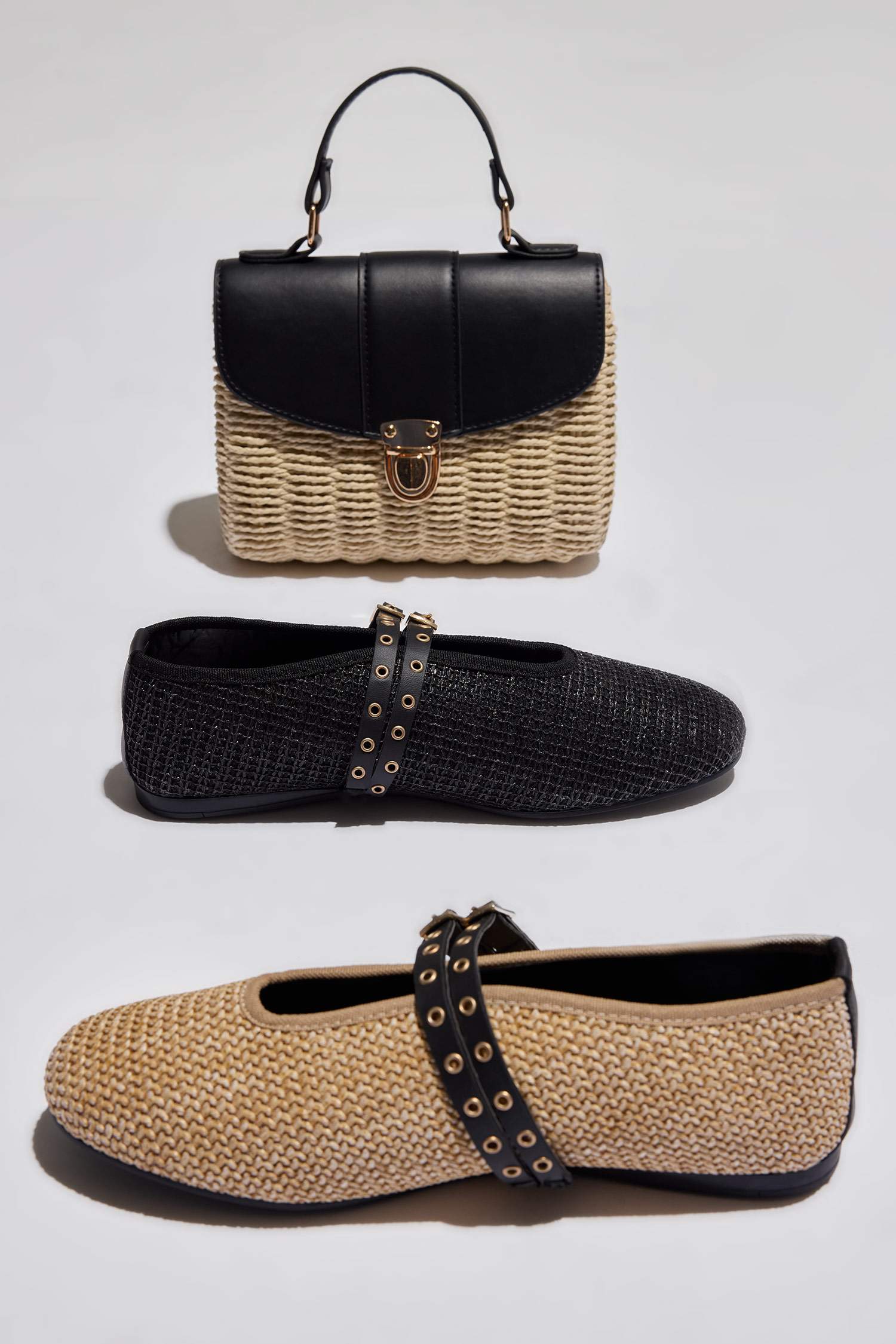 Woman Double Strap Straw Ballerina Flat Shoes