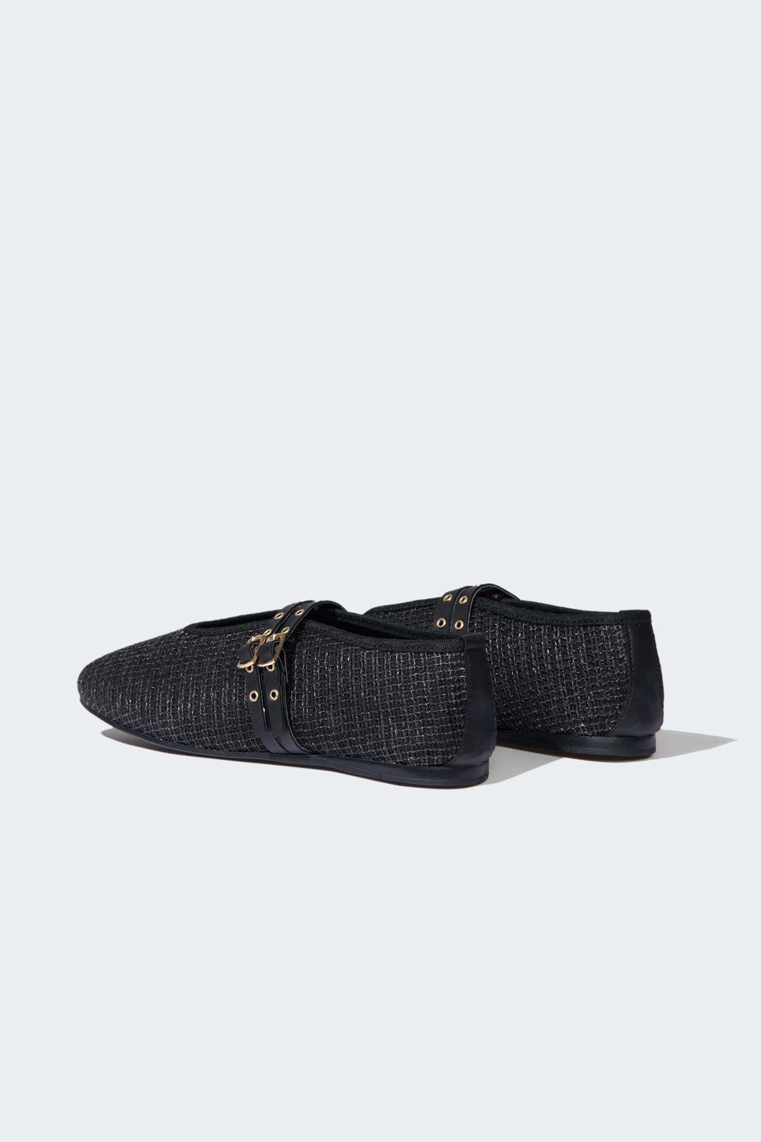 Woman Double Strap Straw Ballerina Flat Shoes