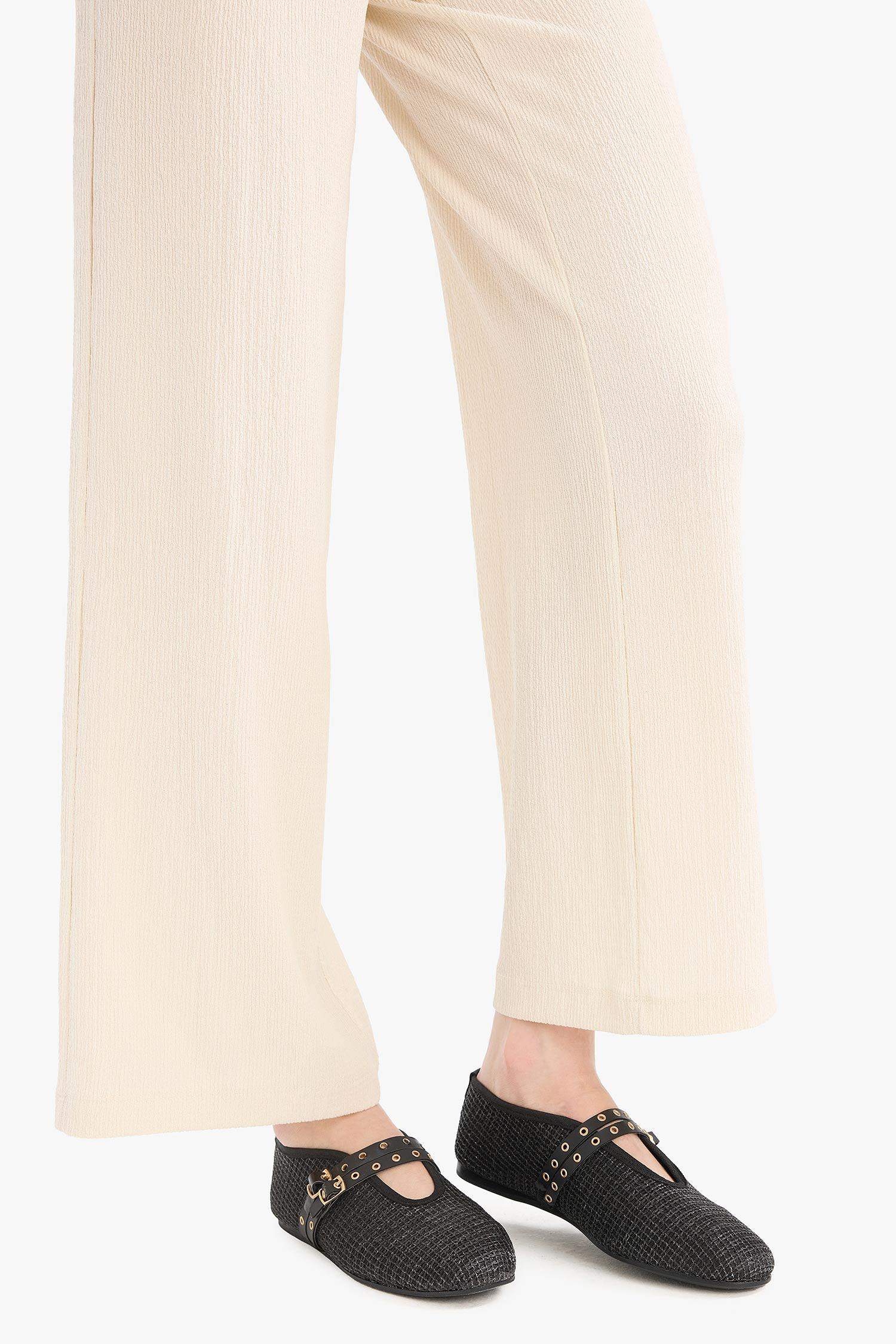 Woman Double Strap Straw Ballerina Flat Shoes