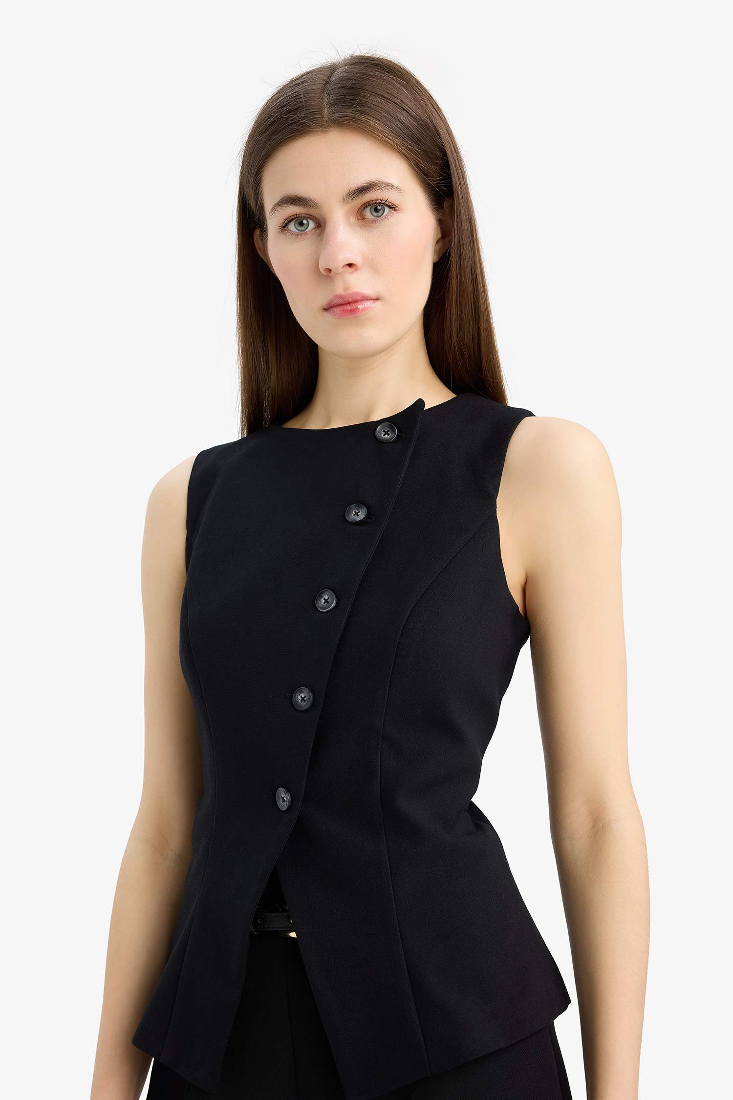 Regular Fit Bisiklet Yaka Düğmeli Yelek