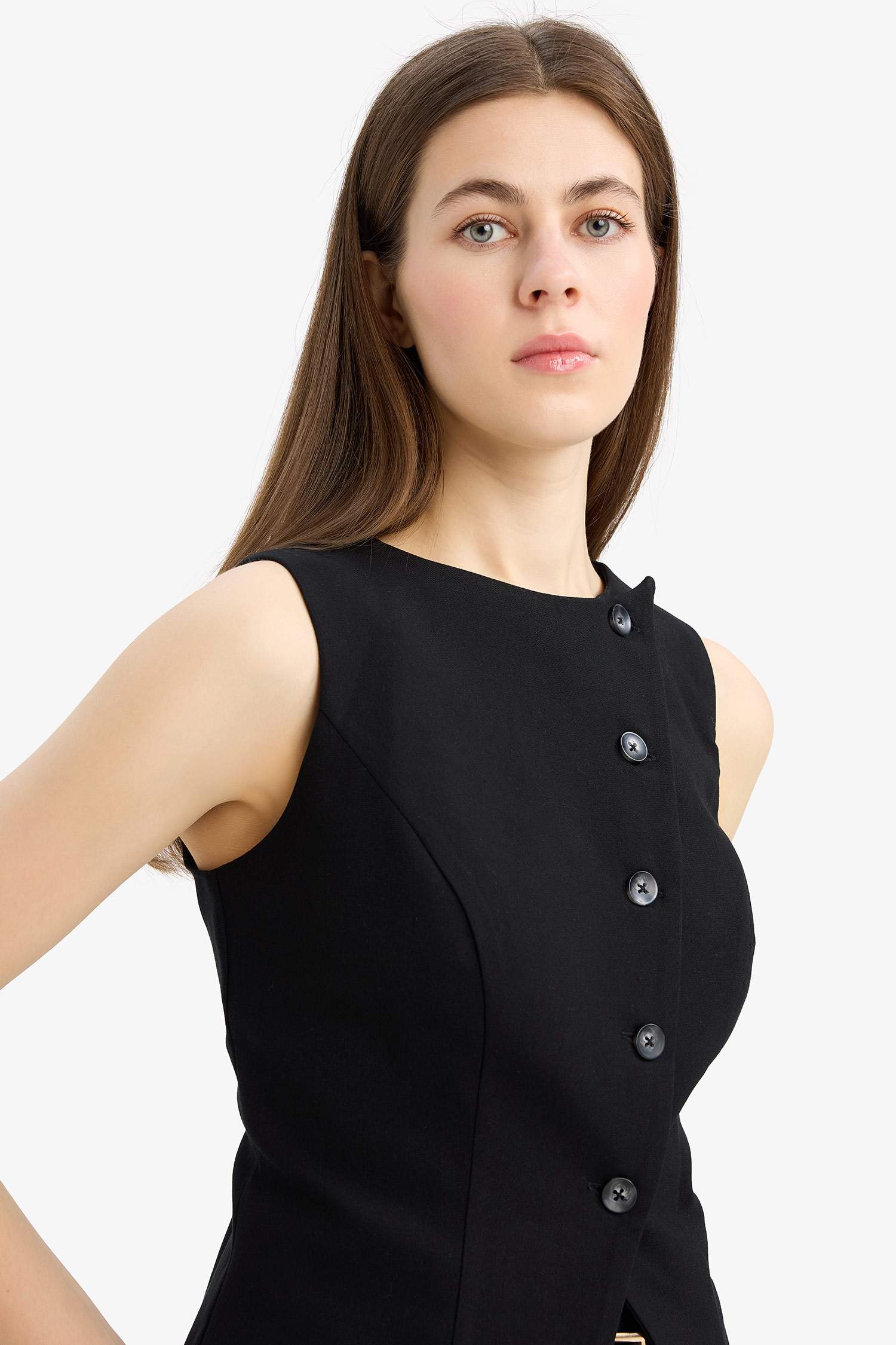 Regular Fit Bisiklet Yaka Düğmeli Yelek