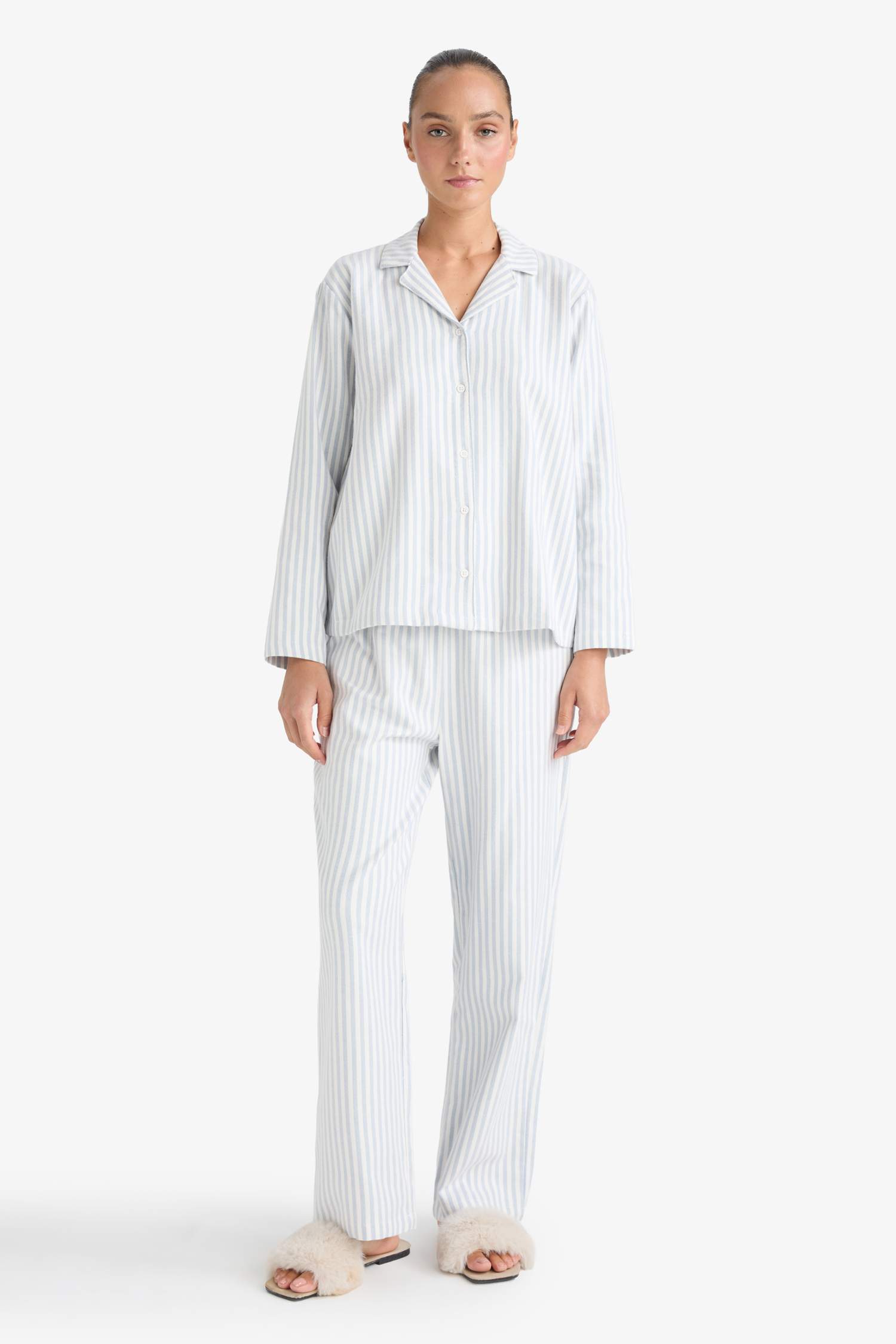 Pijama Takımı Regular Fit Flanel Çizgili Uzun Kollu Üst Uzun Alt-Fall in Love