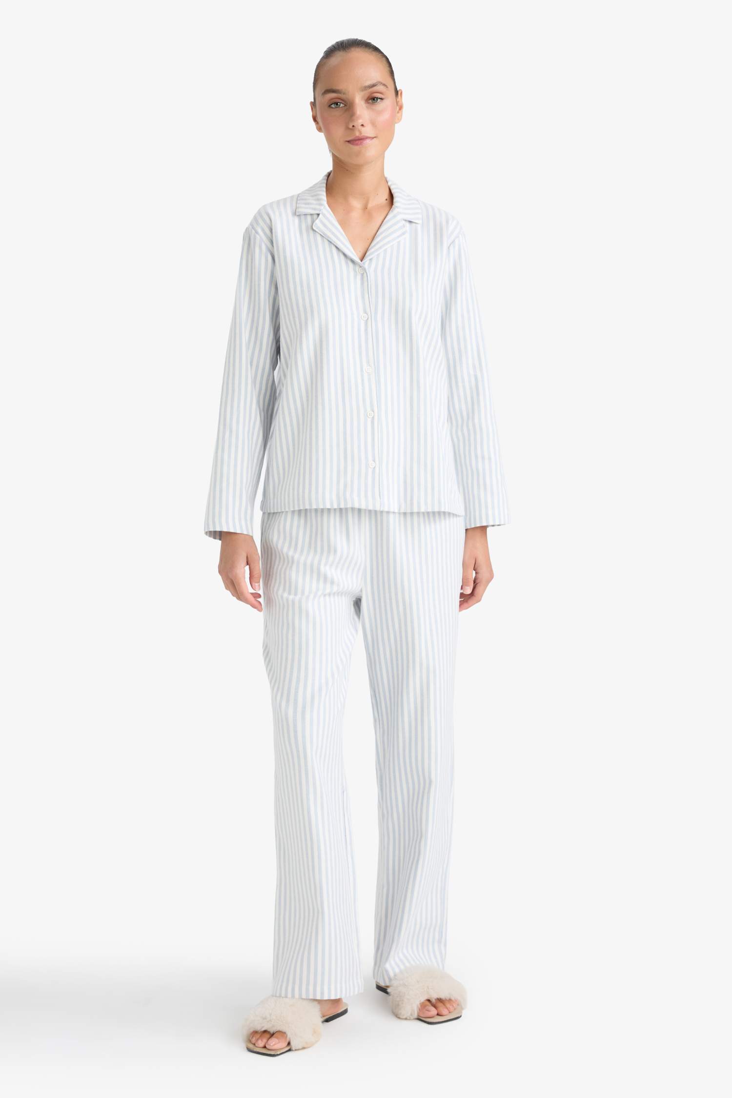 Pijama Takımı Regular Fit Flanel Çizgili Uzun Kollu Üst Uzun Alt-Fall in Love