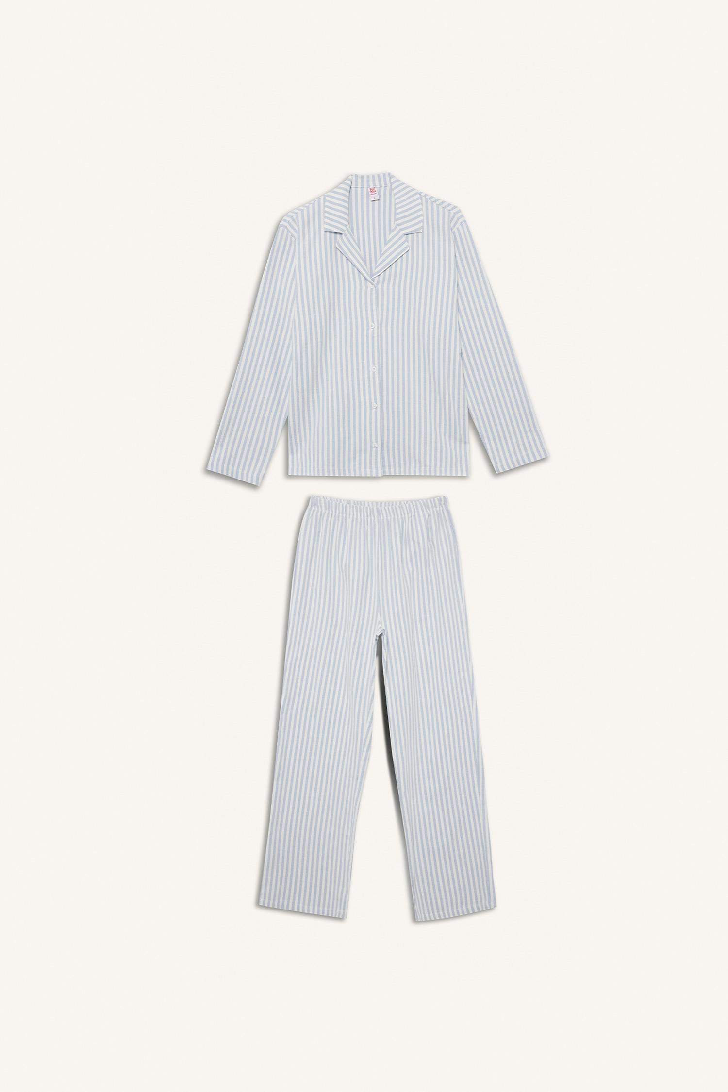 Pijama Takımı Regular Fit Flanel Çizgili Uzun Kollu Üst Uzun Alt-Fall in Love