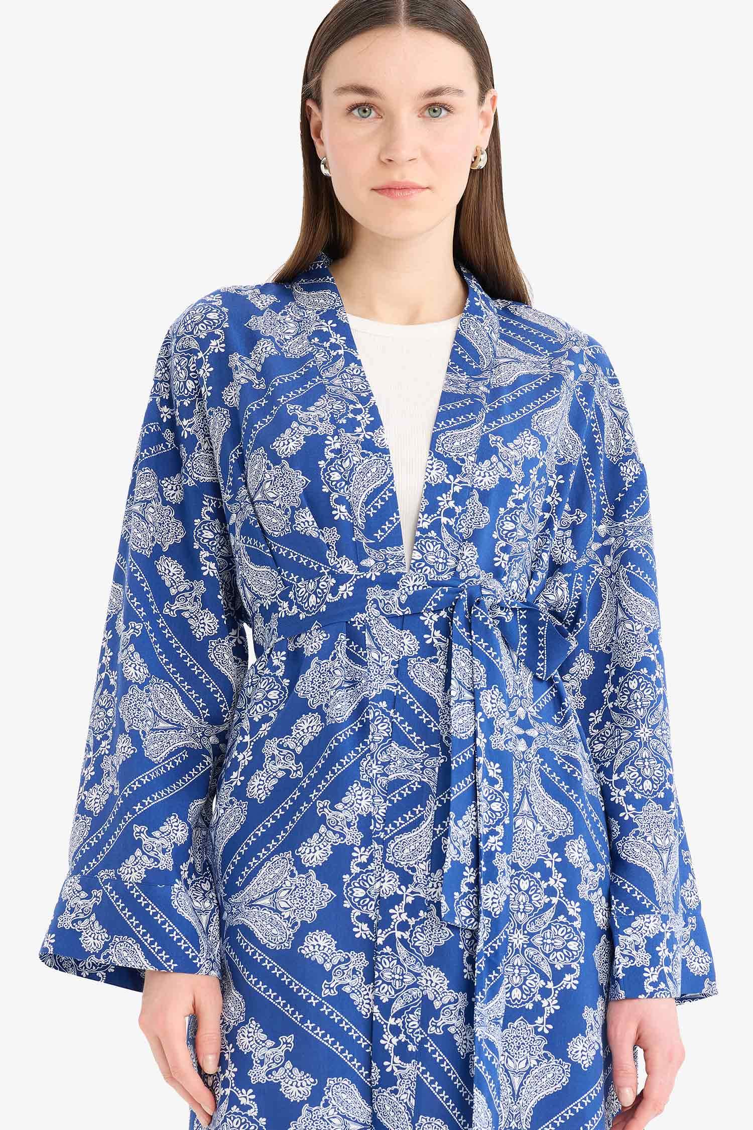Relax Fit Bisiklet Yaka Desenli Viskon Kimono