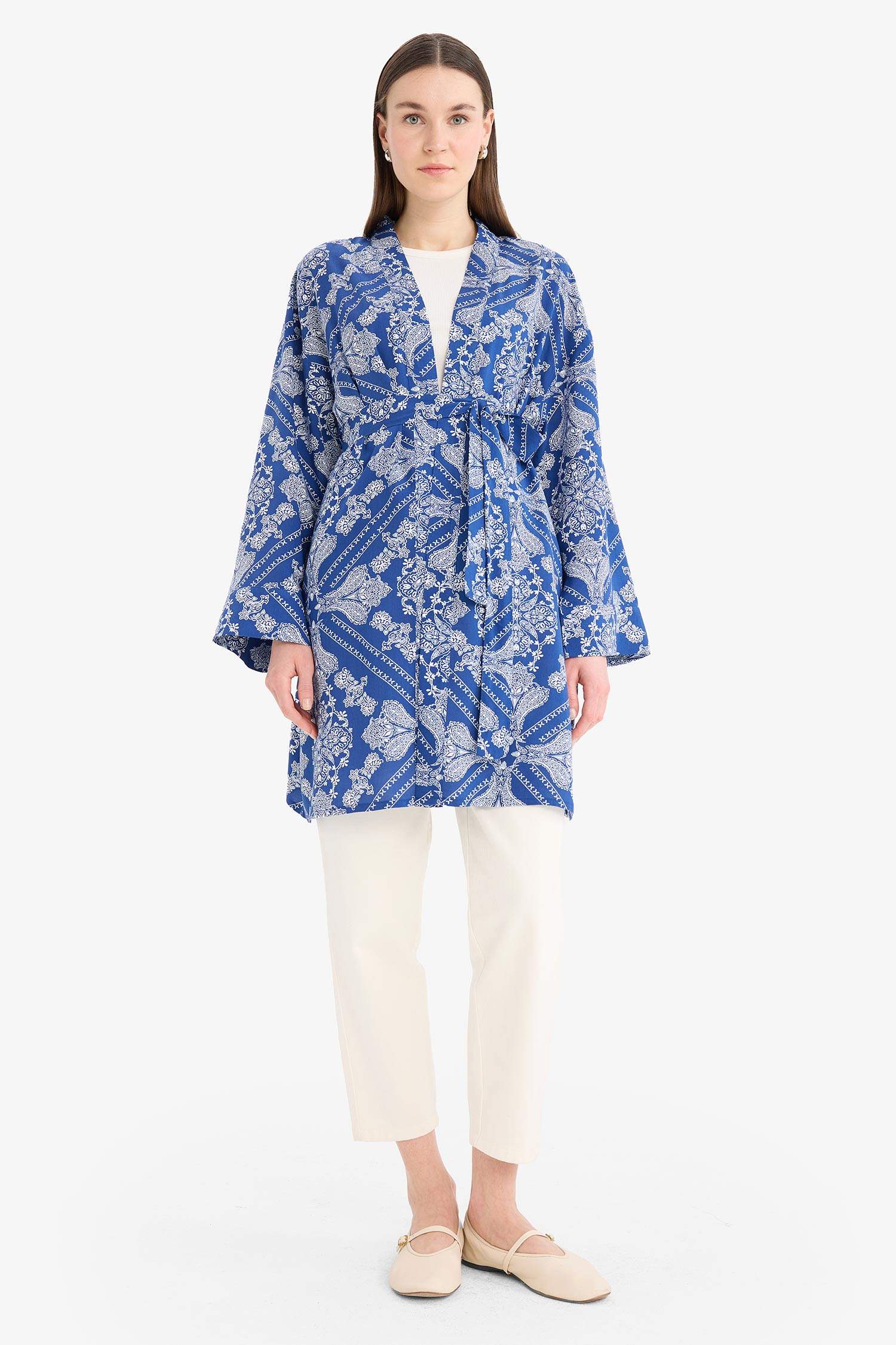 Relax Fit Bisiklet Yaka Desenli Viskon Kimono