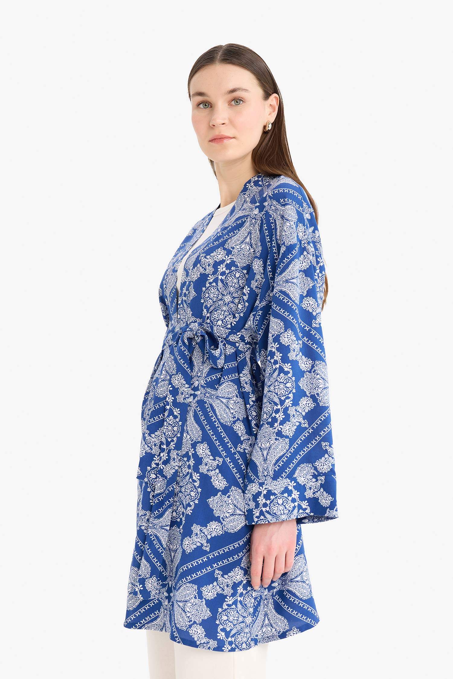 Relax Fit Bisiklet Yaka Desenli Viskon Kimono