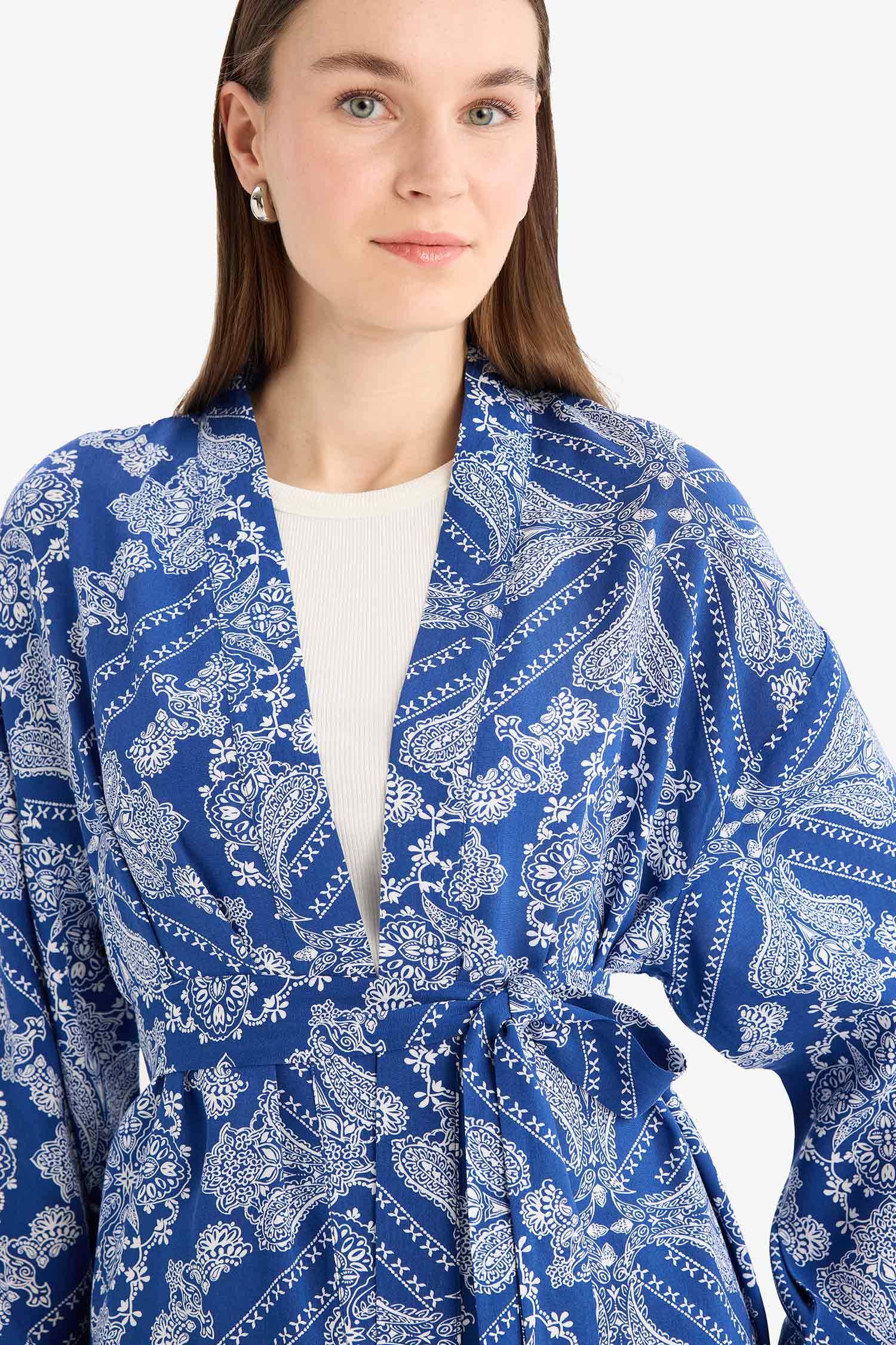 Relax Fit Bisiklet Yaka Desenli Viskon Kimono