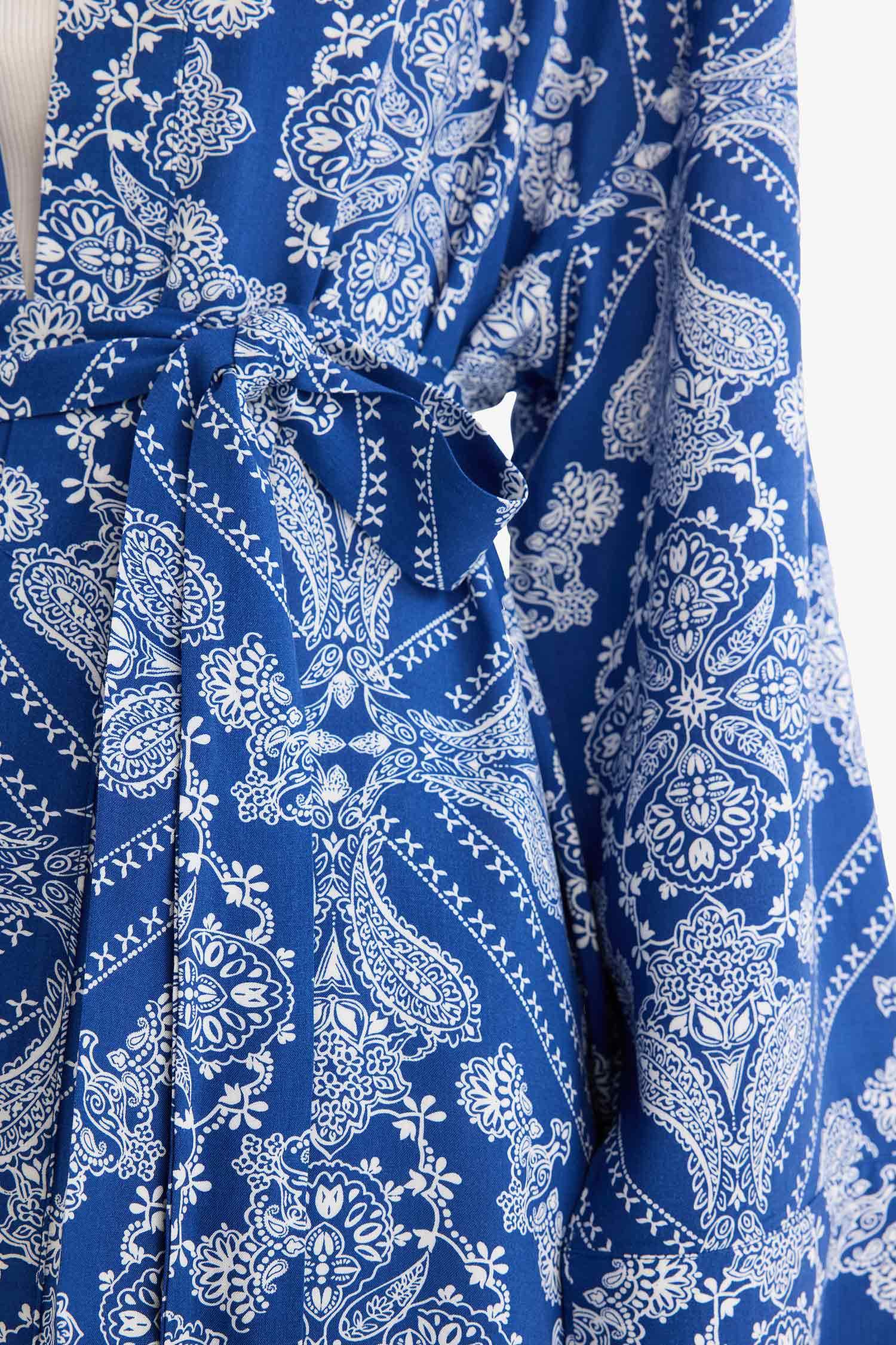 Relax Fit Bisiklet Yaka Desenli Viskon Kimono