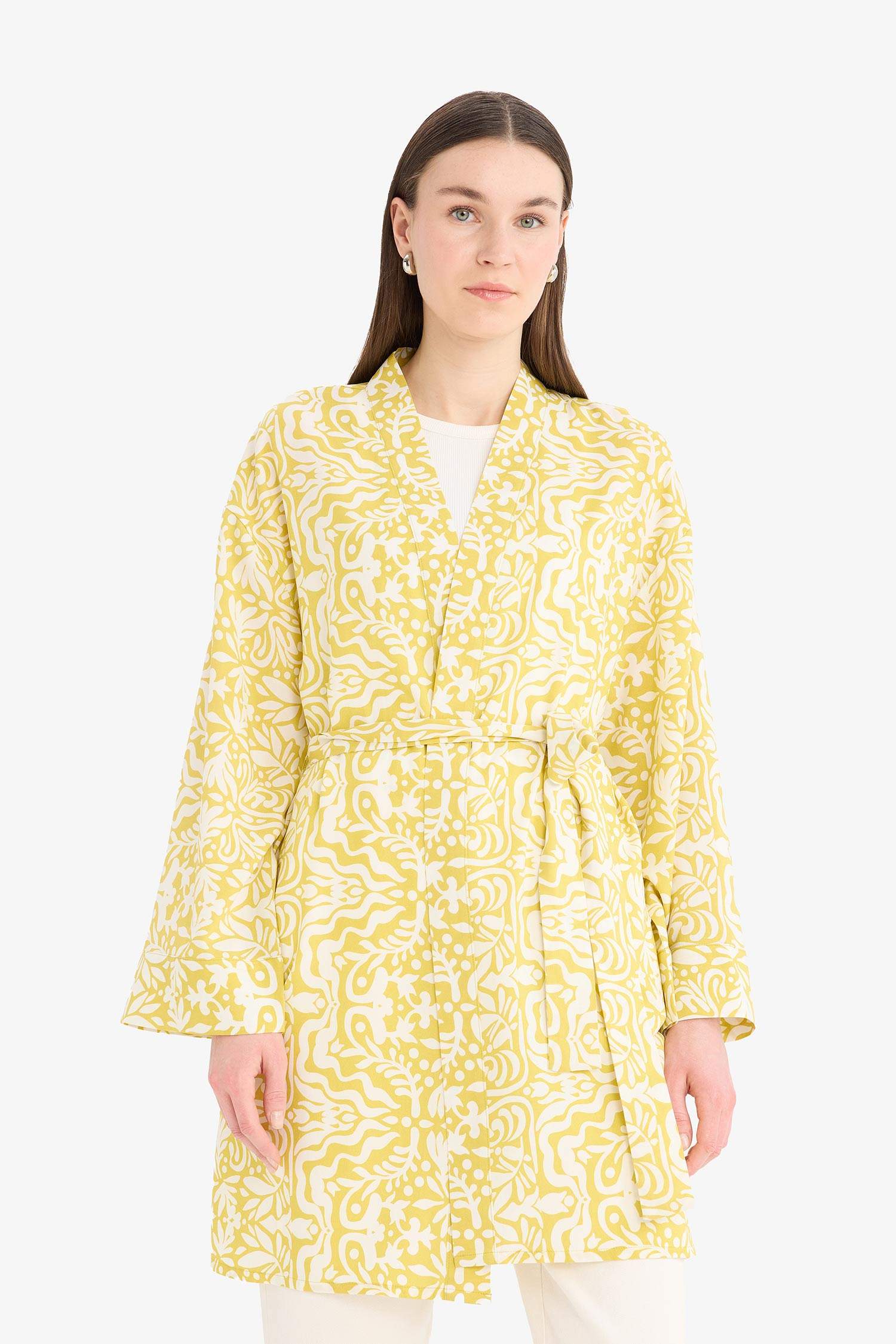 Relax Fit Bisiklet Yaka Desenli Viskon Kimono