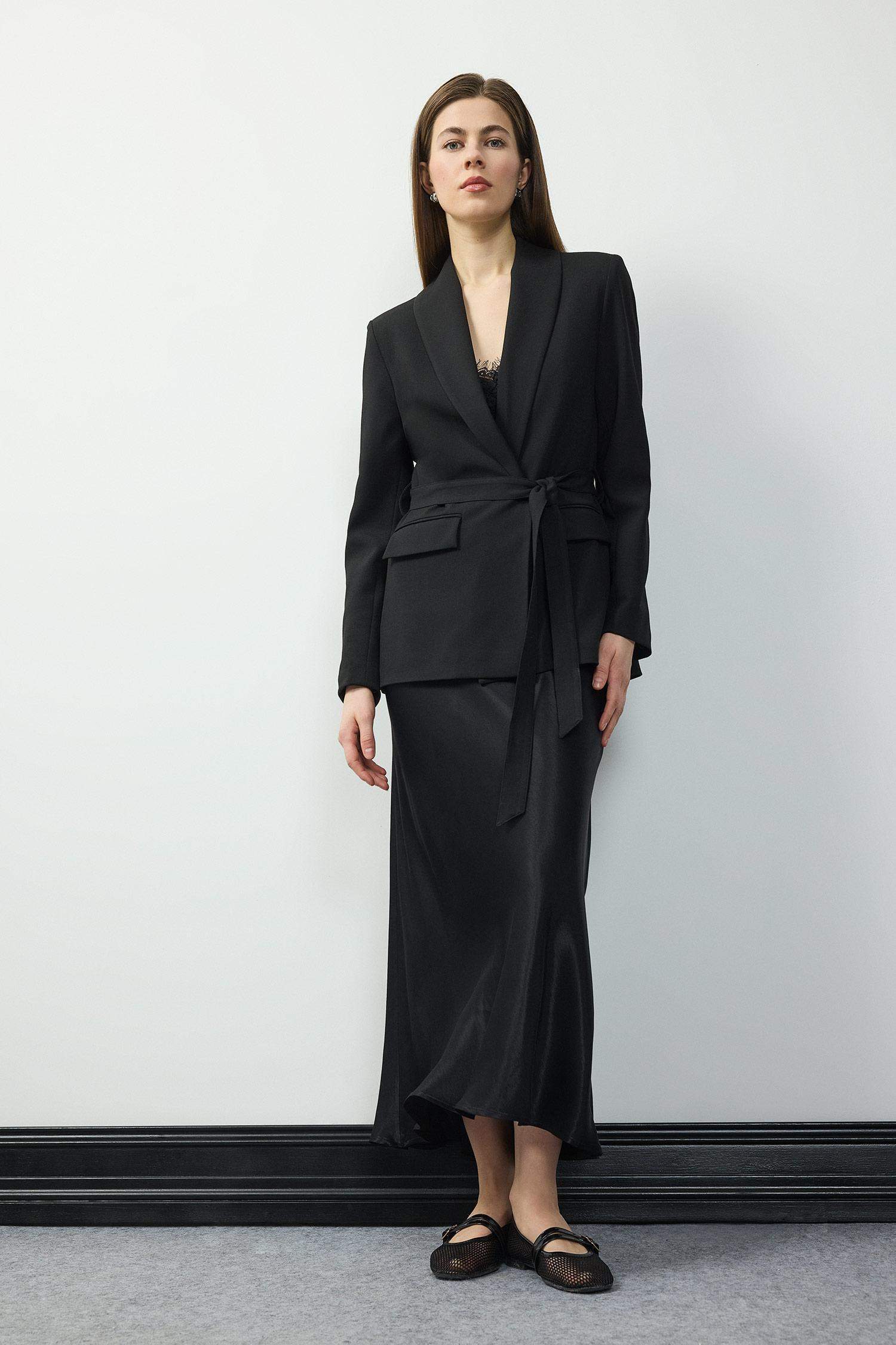 A Kesim Yüksek Bel Saten Midi Etek