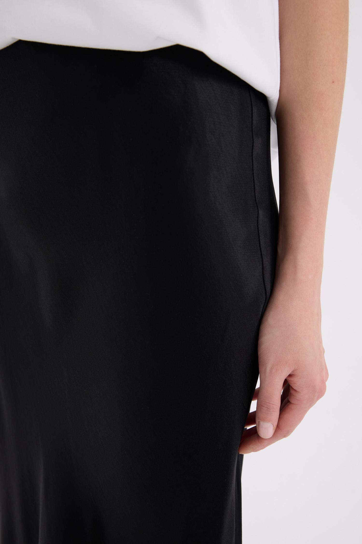 A Kesim Yüksek Bel Saten Midi Etek