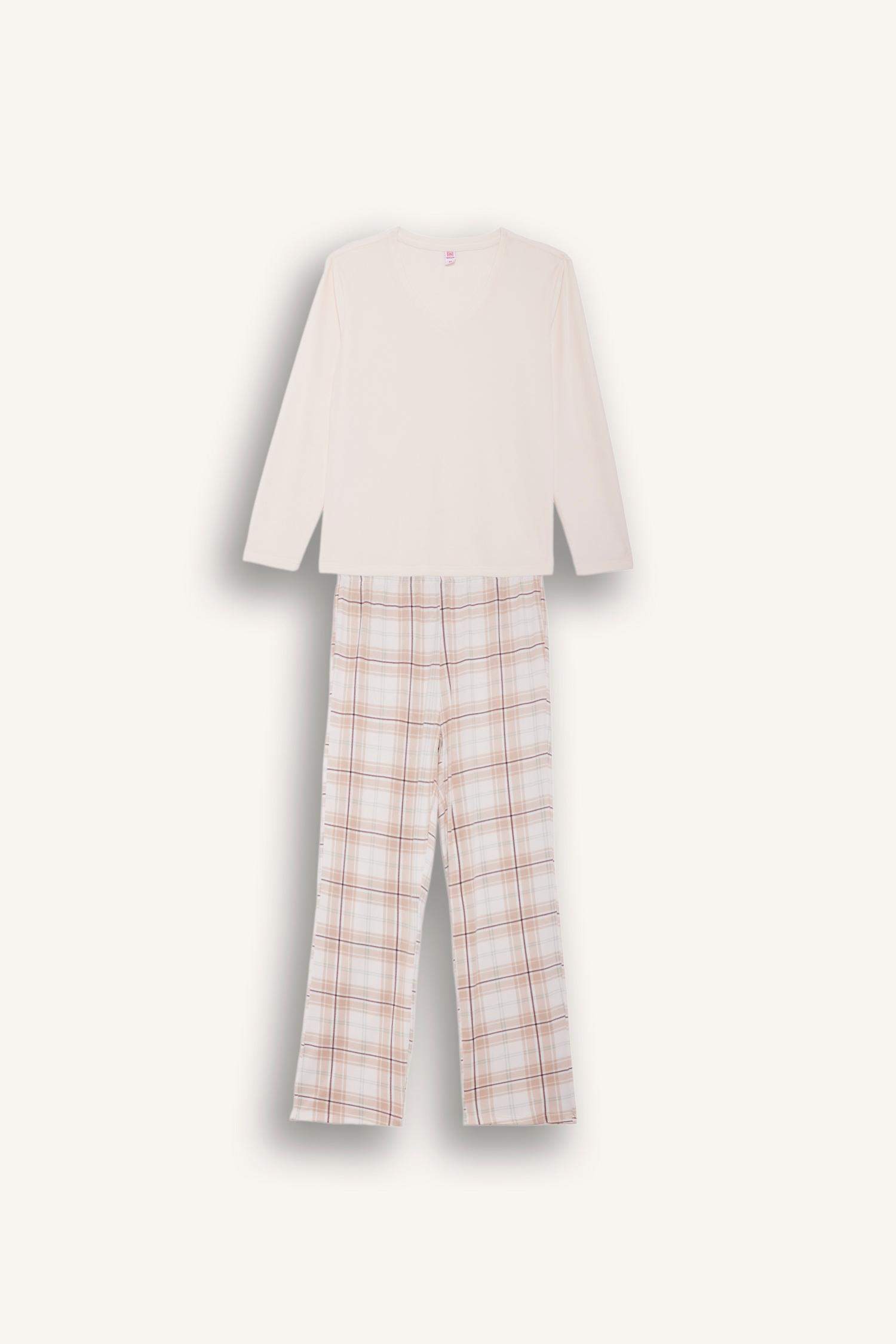 Pijama Takımı Regular Fit Uzun Kollu Velur Üst Kareli Uzun Alt-Fall in Love