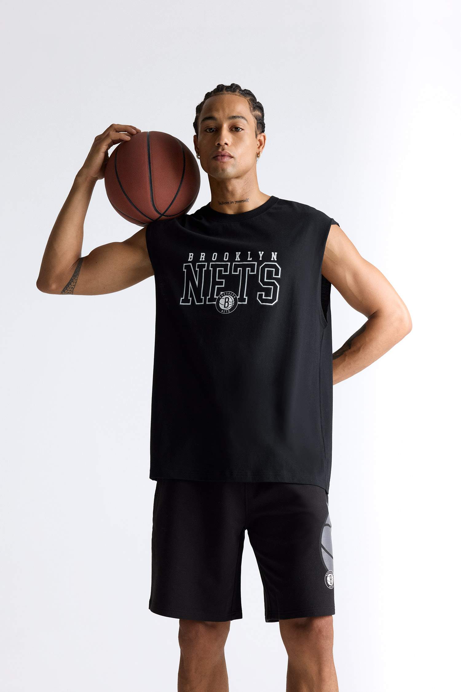 %100 Pamuk NBA Brooklyn Nets Oversize Geniş Kalıp Bisiklet Yaka Atlet