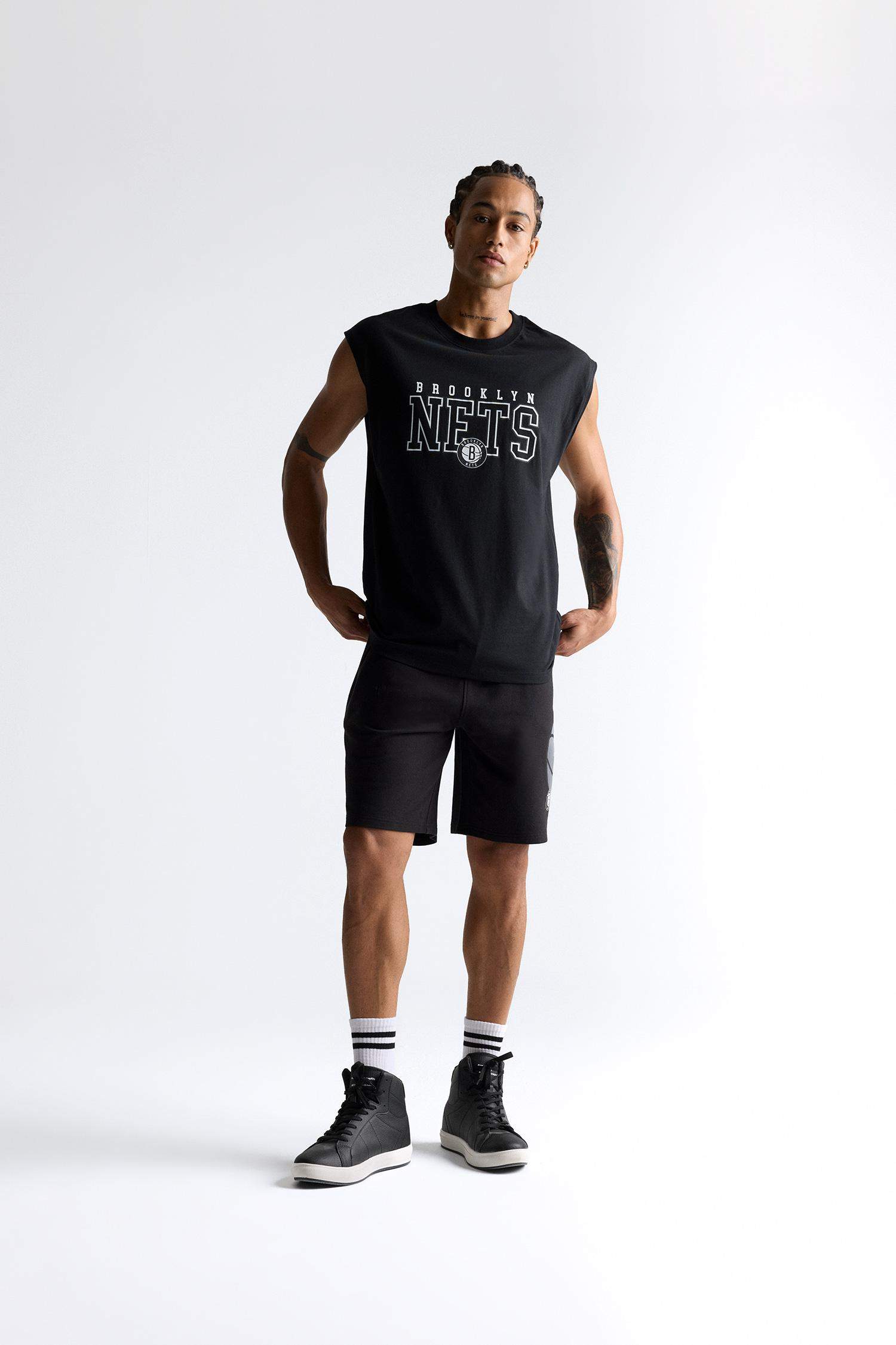 %100 Pamuk NBA Brooklyn Nets Oversize Geniş Kalıp Bisiklet Yaka Atlet