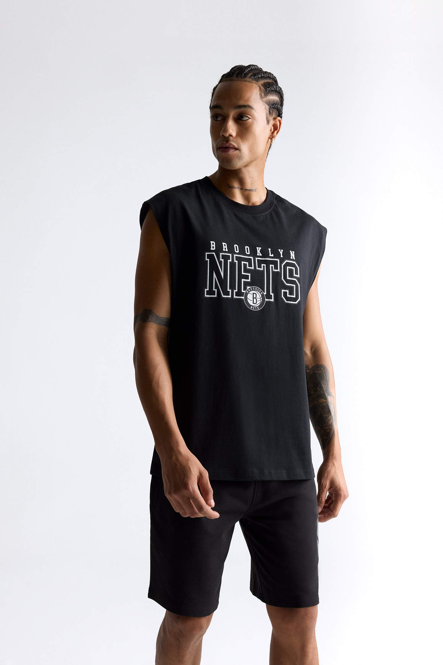 %100 Pamuk NBA Brooklyn Nets Oversize Geniş Kalıp Bisiklet Yaka Atlet