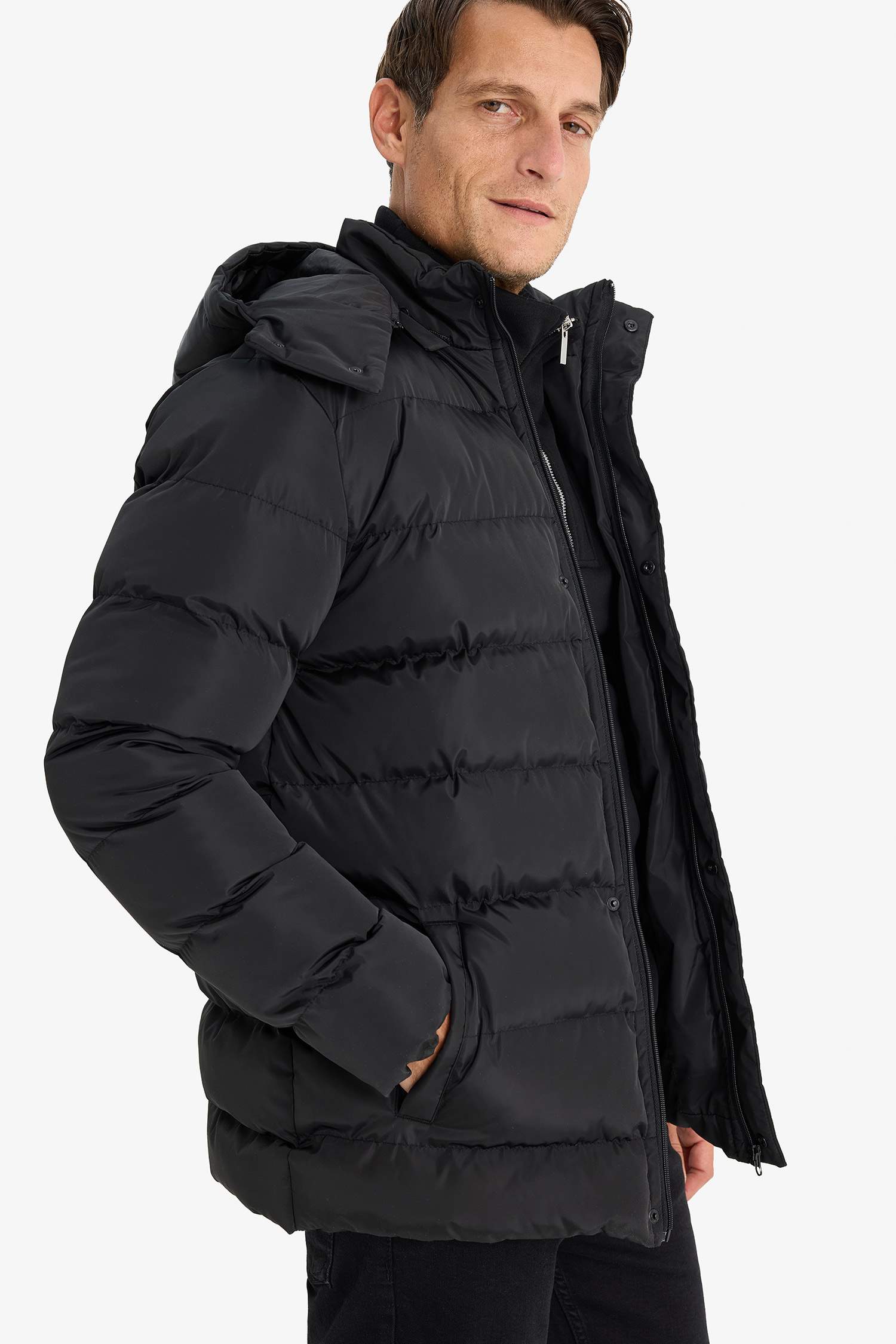 Regular Fit Hooded Zippered Snap Closure Puffer Jacket