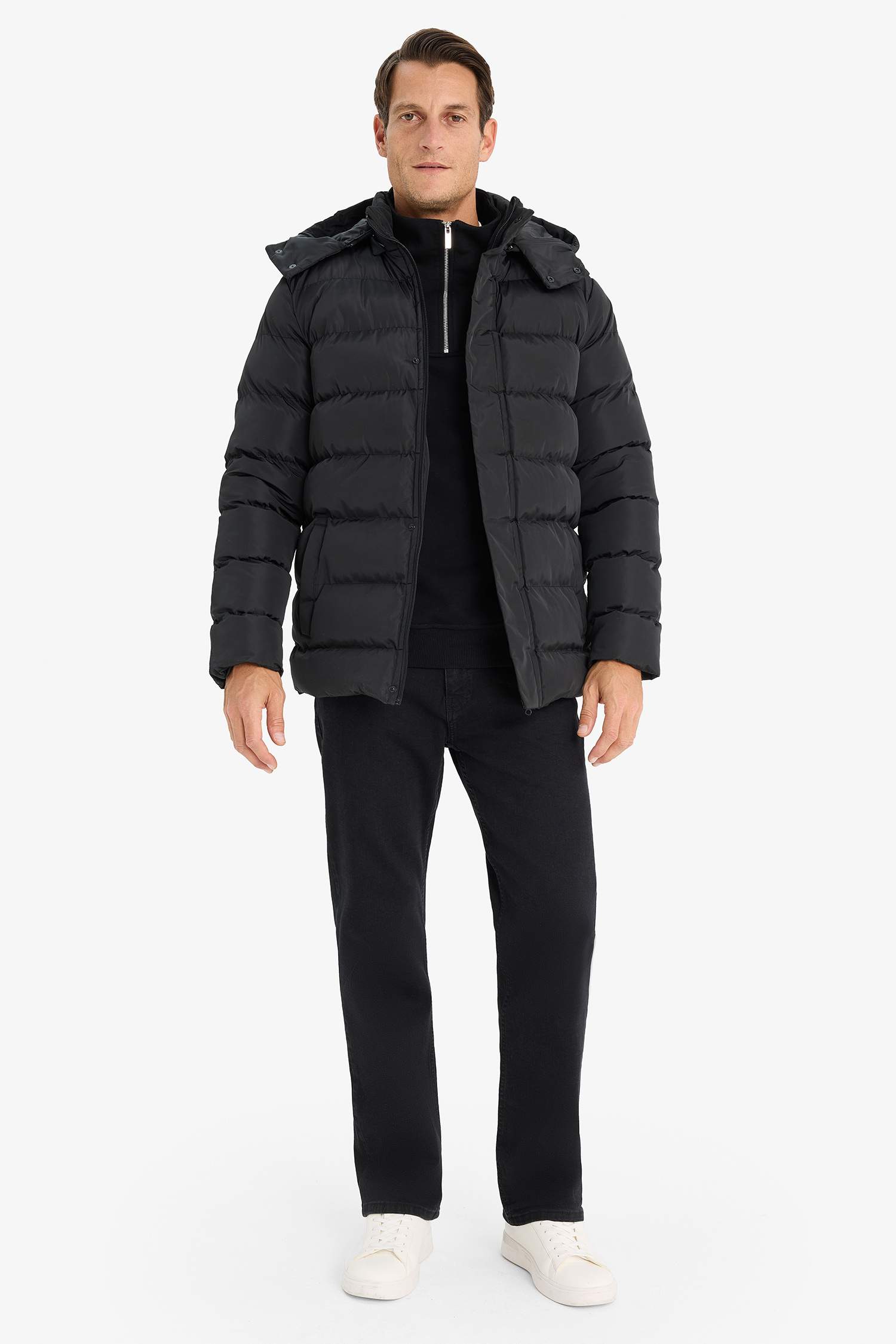 Regular Fit Hooded Zippered Snap Closure Puffer Jacket