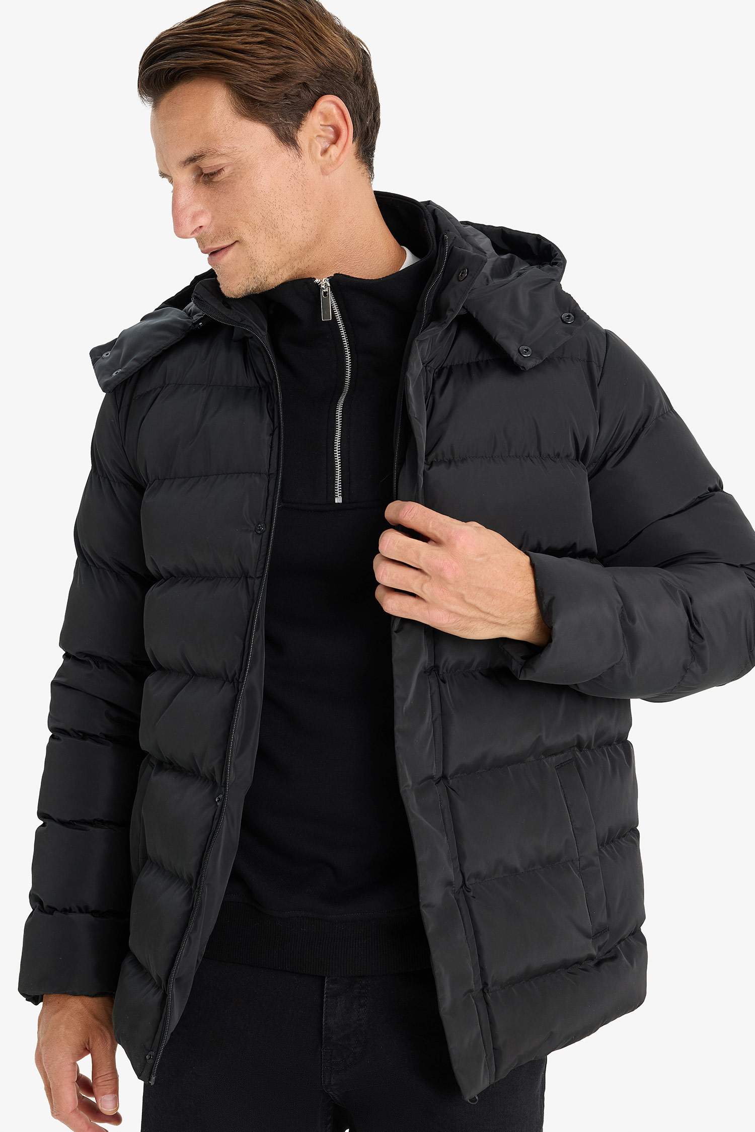 Regular Fit Hooded Zippered Snap Closure Puffer Jacket
