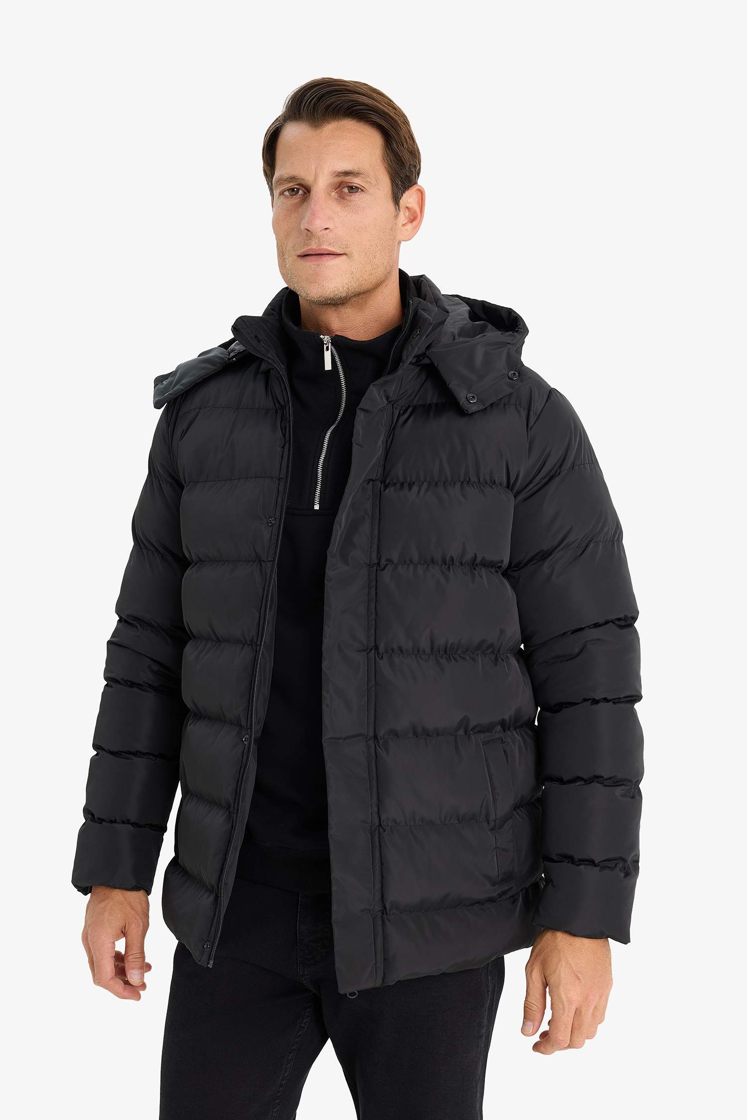 Regular Fit Hooded Zippered Snap Closure Puffer Jacket