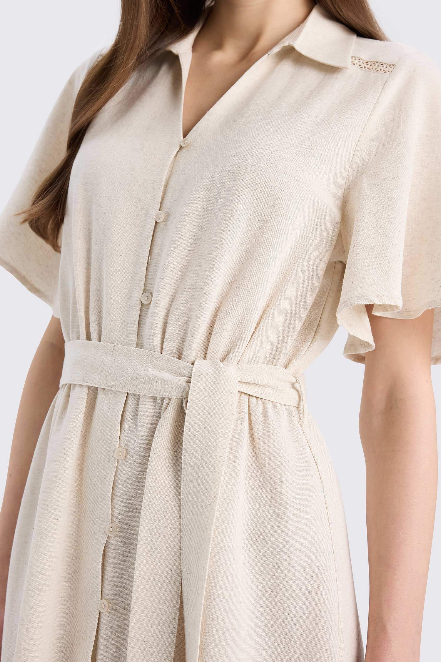 فستان نص ردن من مزيج الكتان بياخة قميص