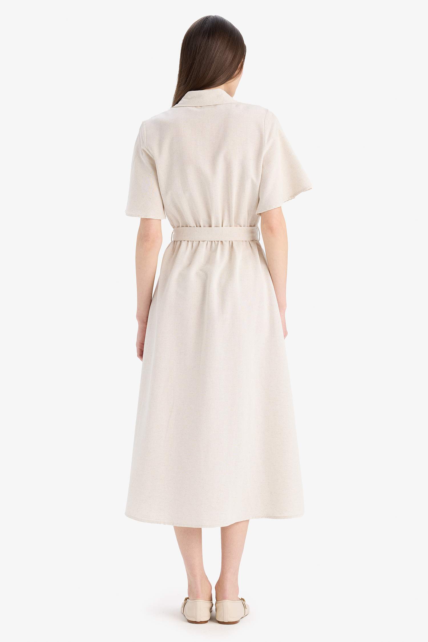 فستان نص ردن من مزيج الكتان بياخة قميص