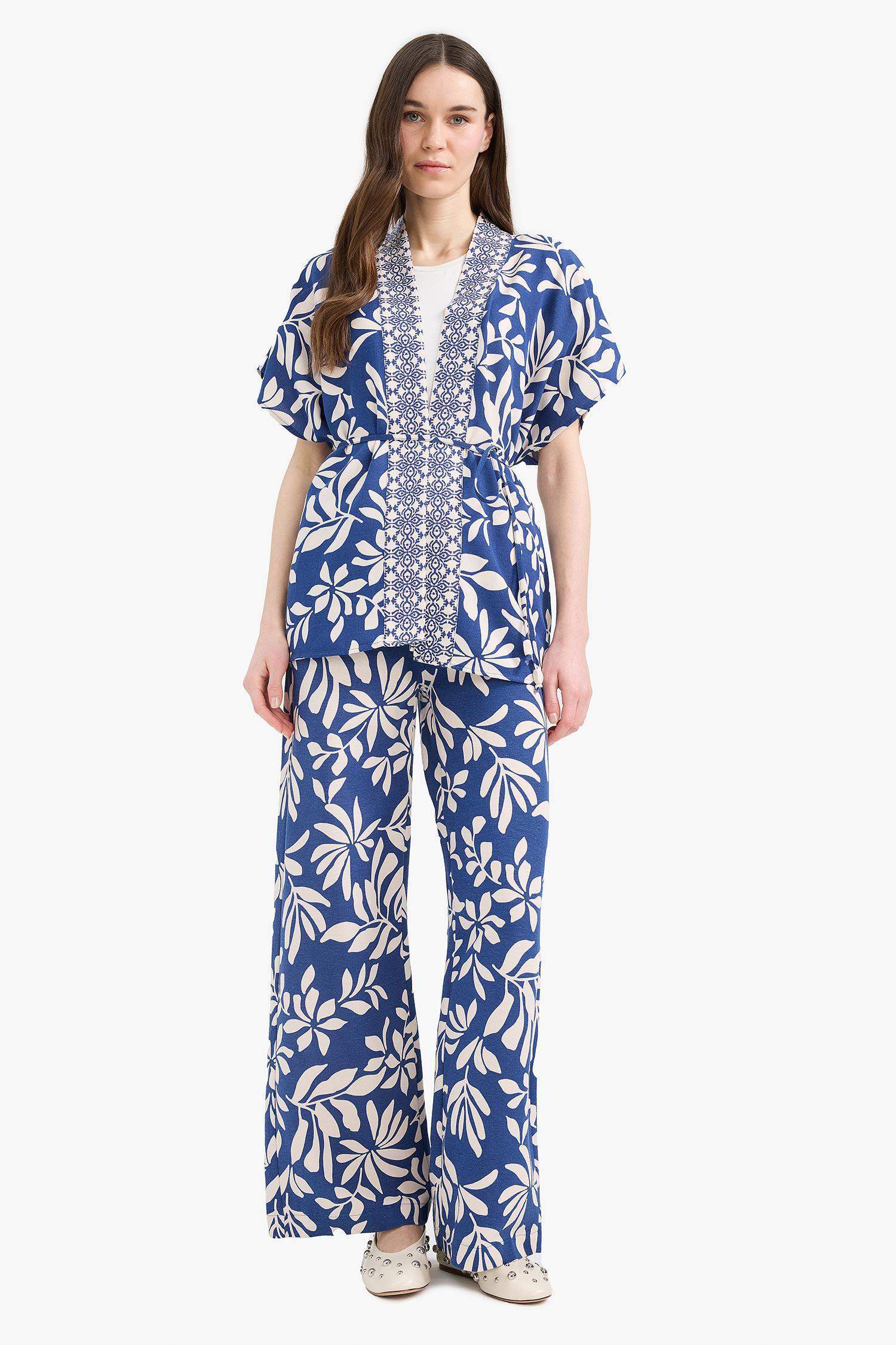 Прямой крой брюки с узором, карманами и прямыми штанинами из льняной смеси