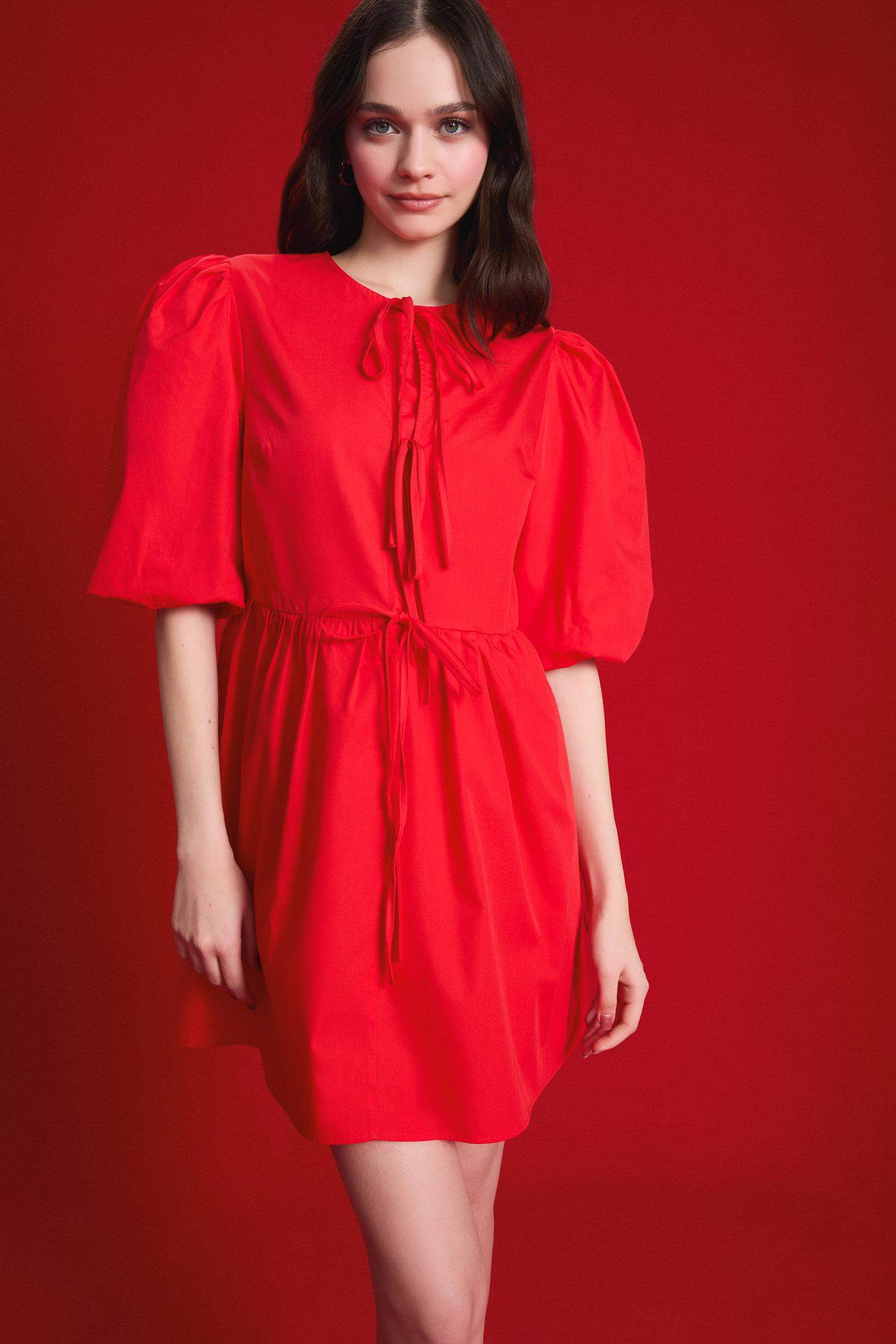 فستان نص كم ميدي من بوبلين قصة A برقبة مستديرة