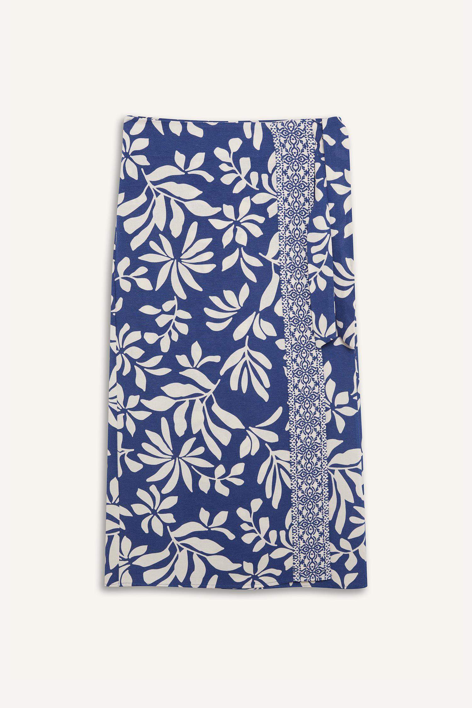 Regular Fit Çiçek Desenli Keten Karışımlı Midi Etek