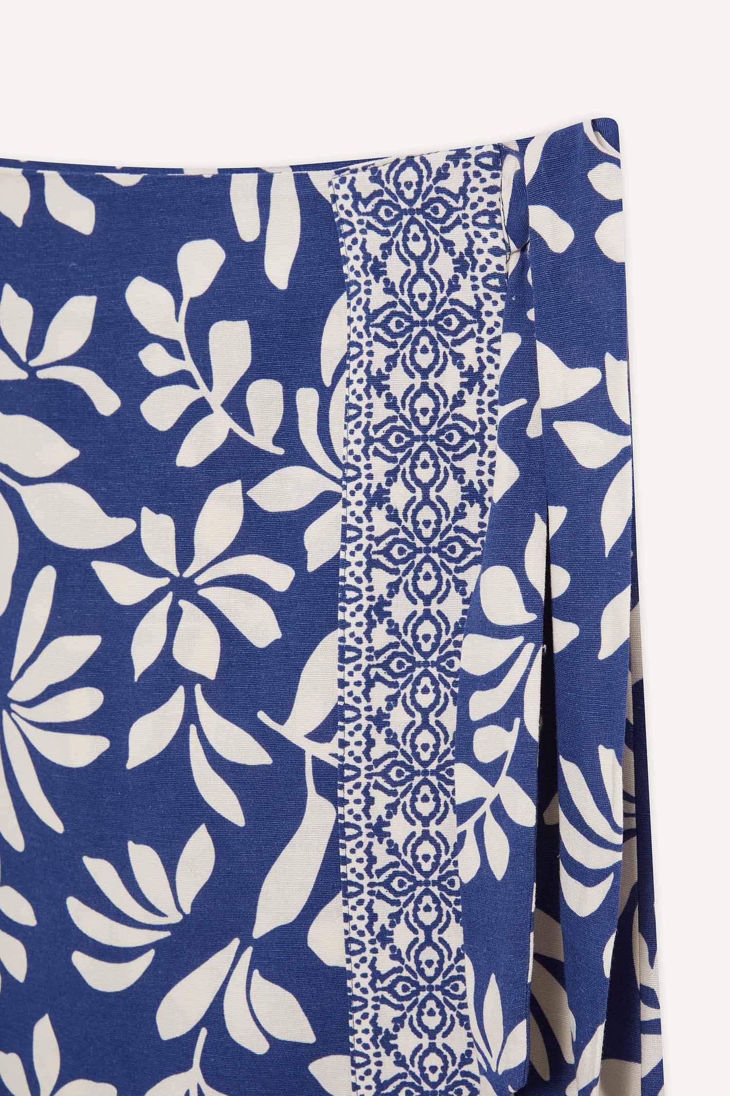 Regular Fit Çiçek Desenli Keten Karışımlı Midi Etek