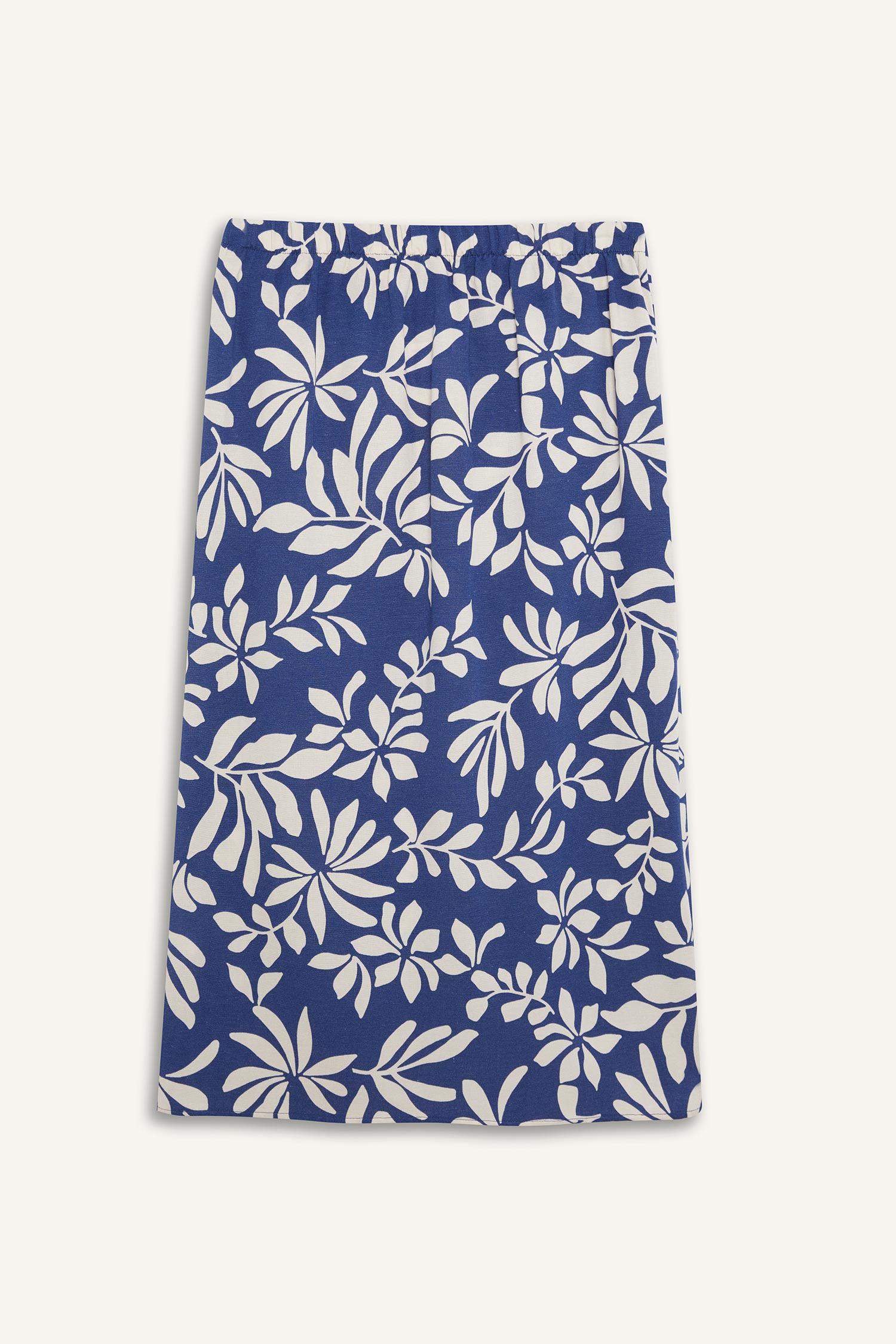 Regular Fit Çiçek Desenli Keten Karışımlı Midi Etek