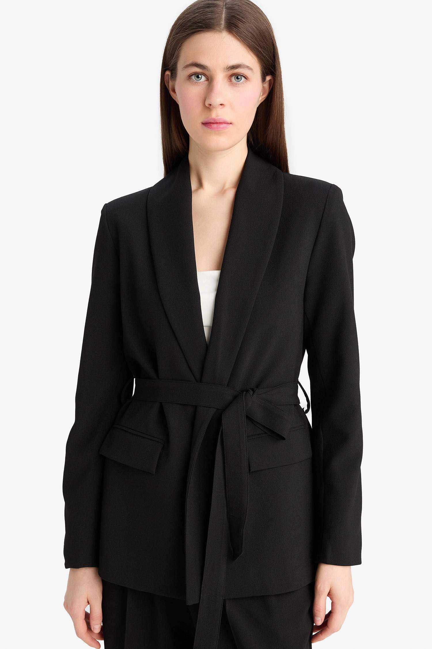 Regular Fit Kuşaklı Basic Düz Blazer Ceket