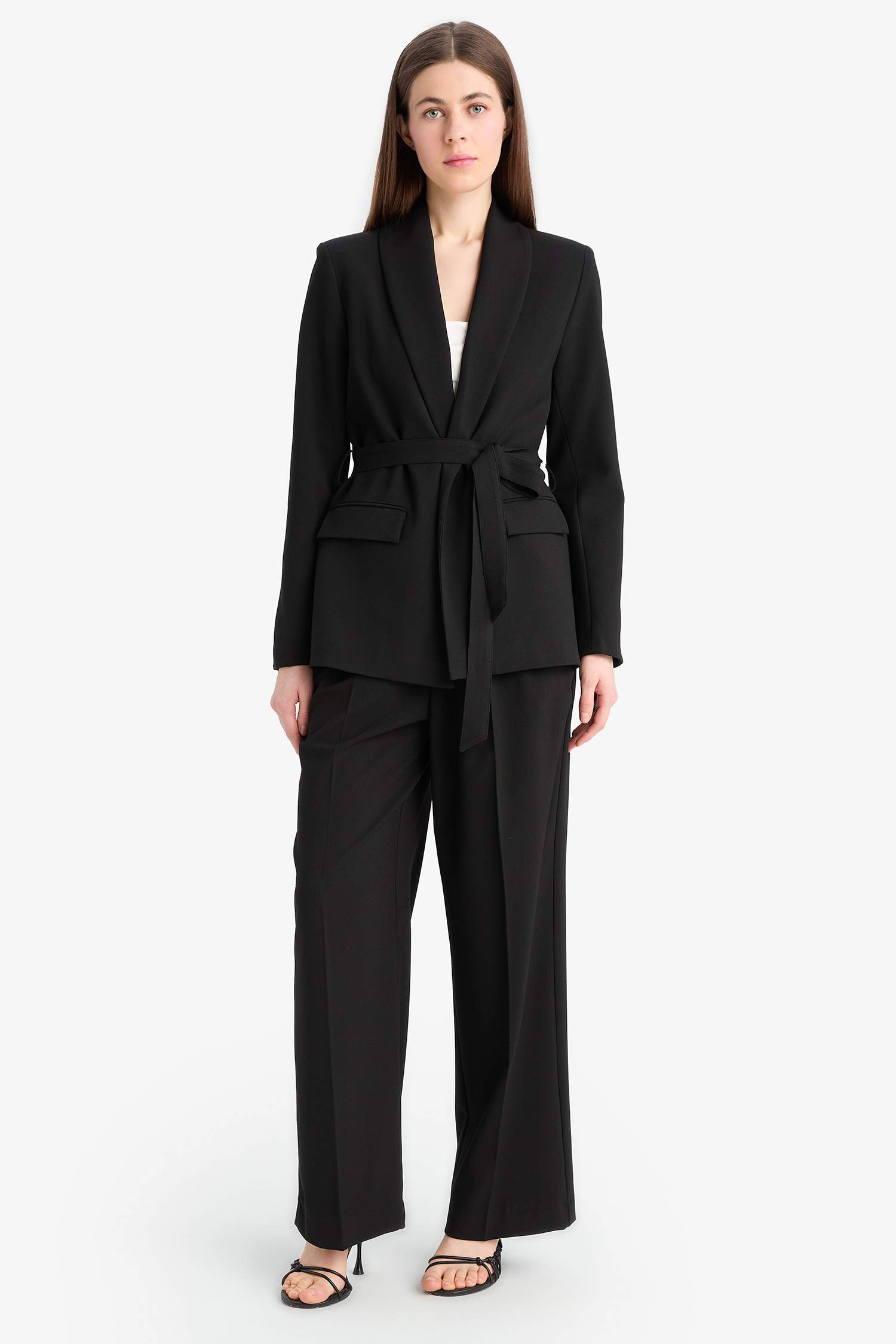 Regular Fit Kuşaklı Basic Düz Blazer Ceket