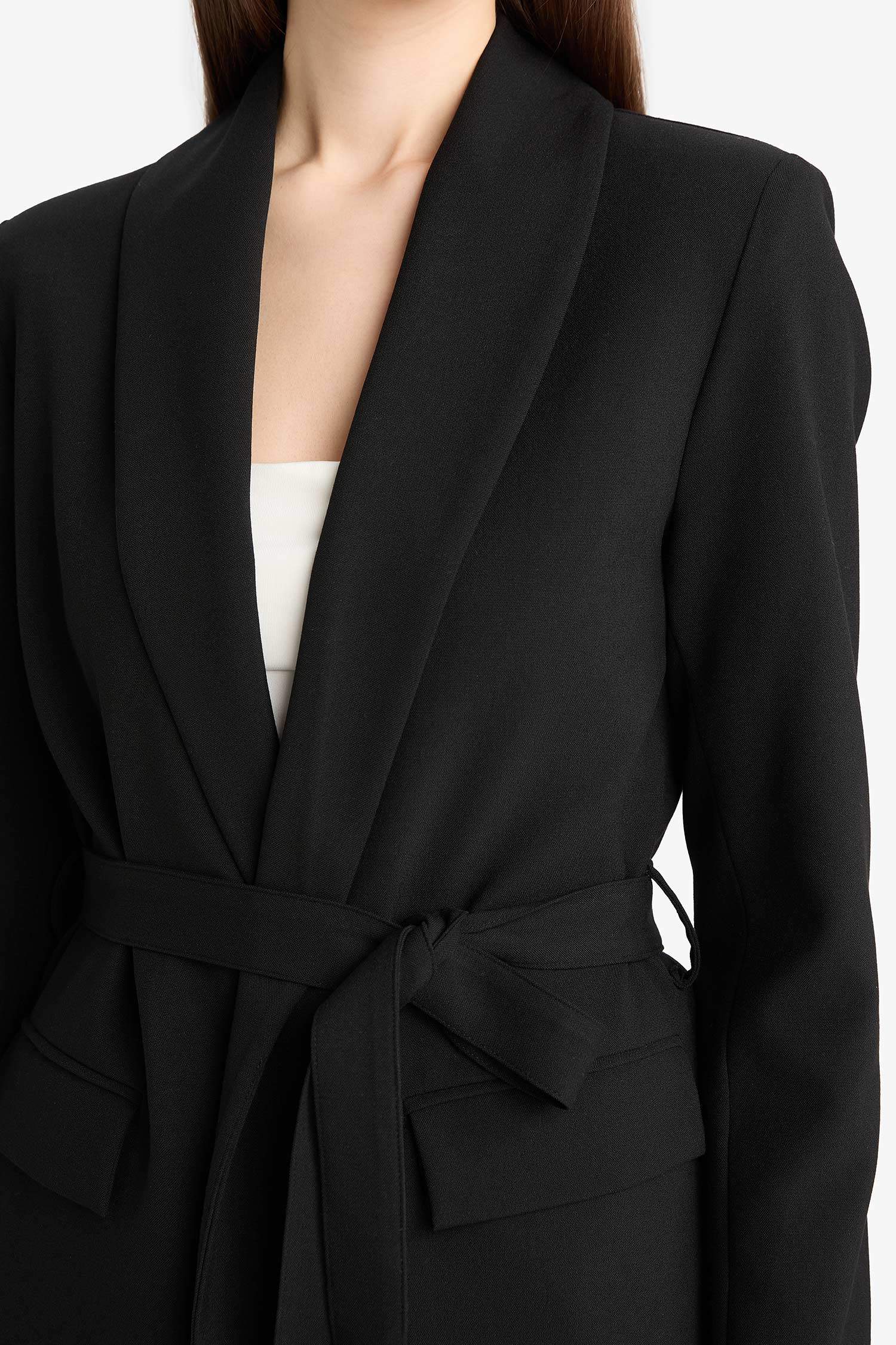 Regular Fit Kuşaklı Basic Düz Blazer Ceket