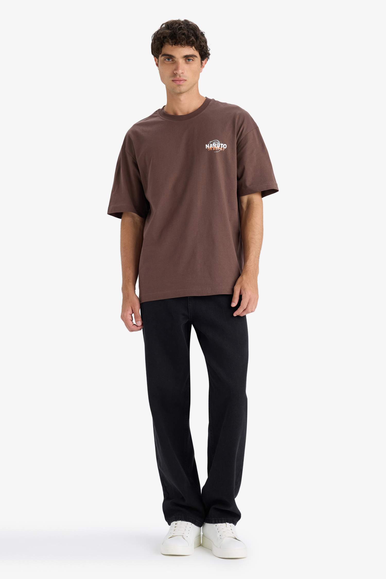 %100 Pamuk Naruto Boxy Fit Rahat Kesim Bisiklet Yaka Sırt Baskılı Kısa Kollu Tişört