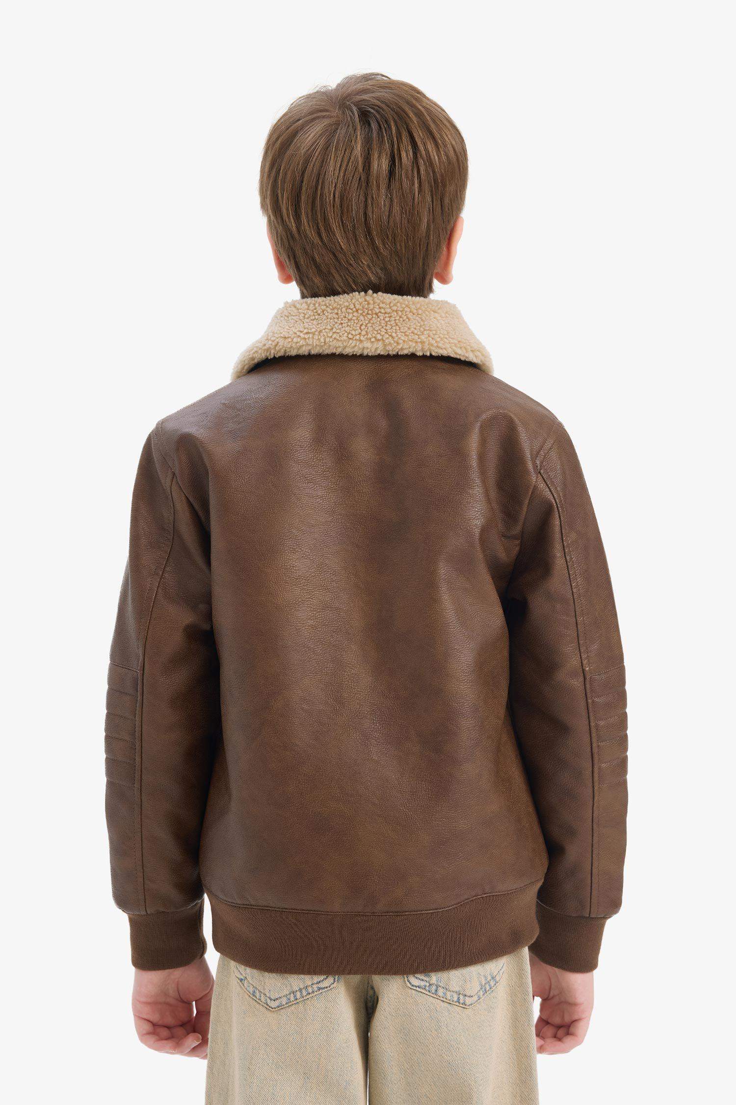 Boy Polo Collar Plush Faux Leather Jacket
