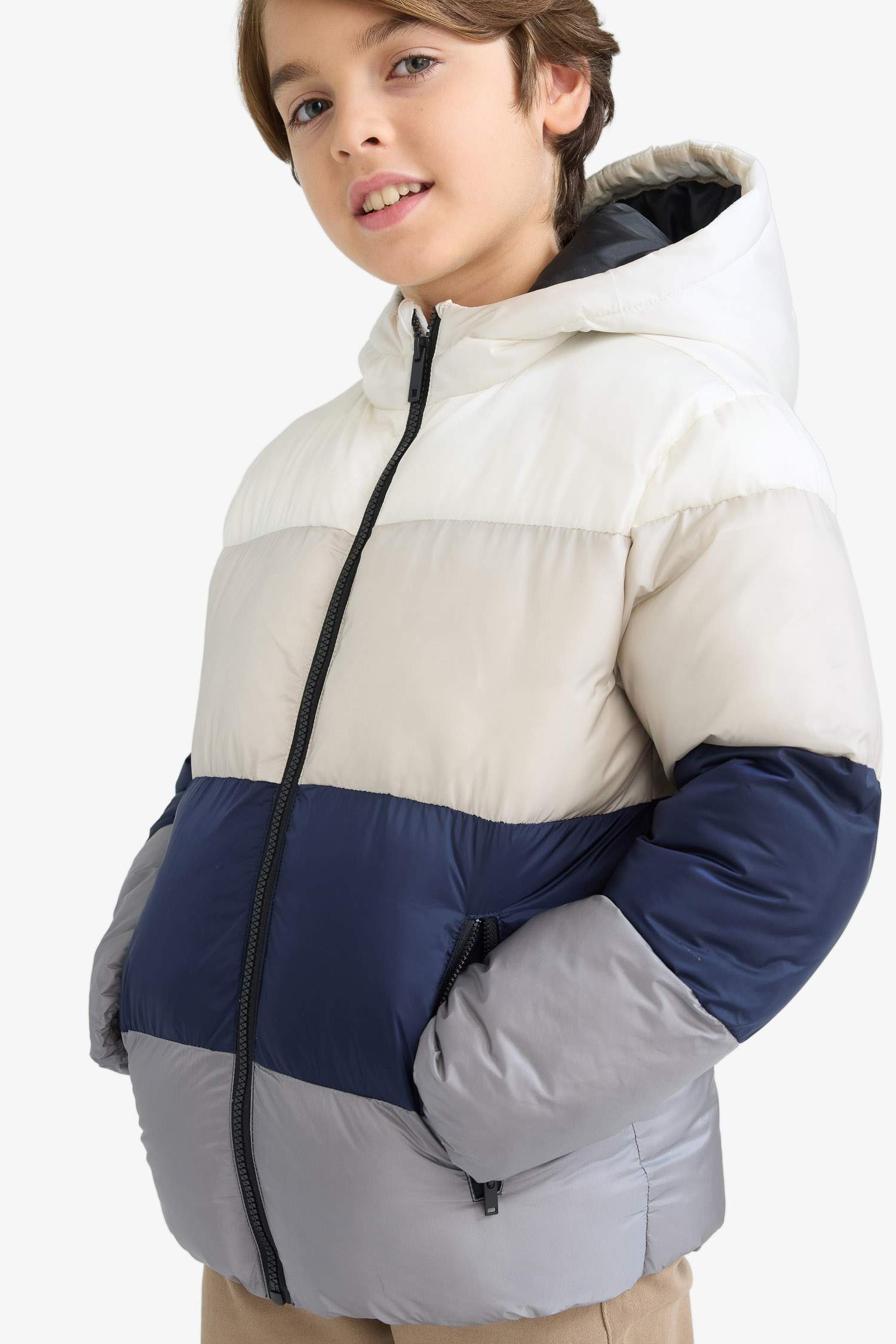 Erkek Çocuk Su İtici Kapüşonlu Polar Astarlı Fermuarlı Şişme Mont