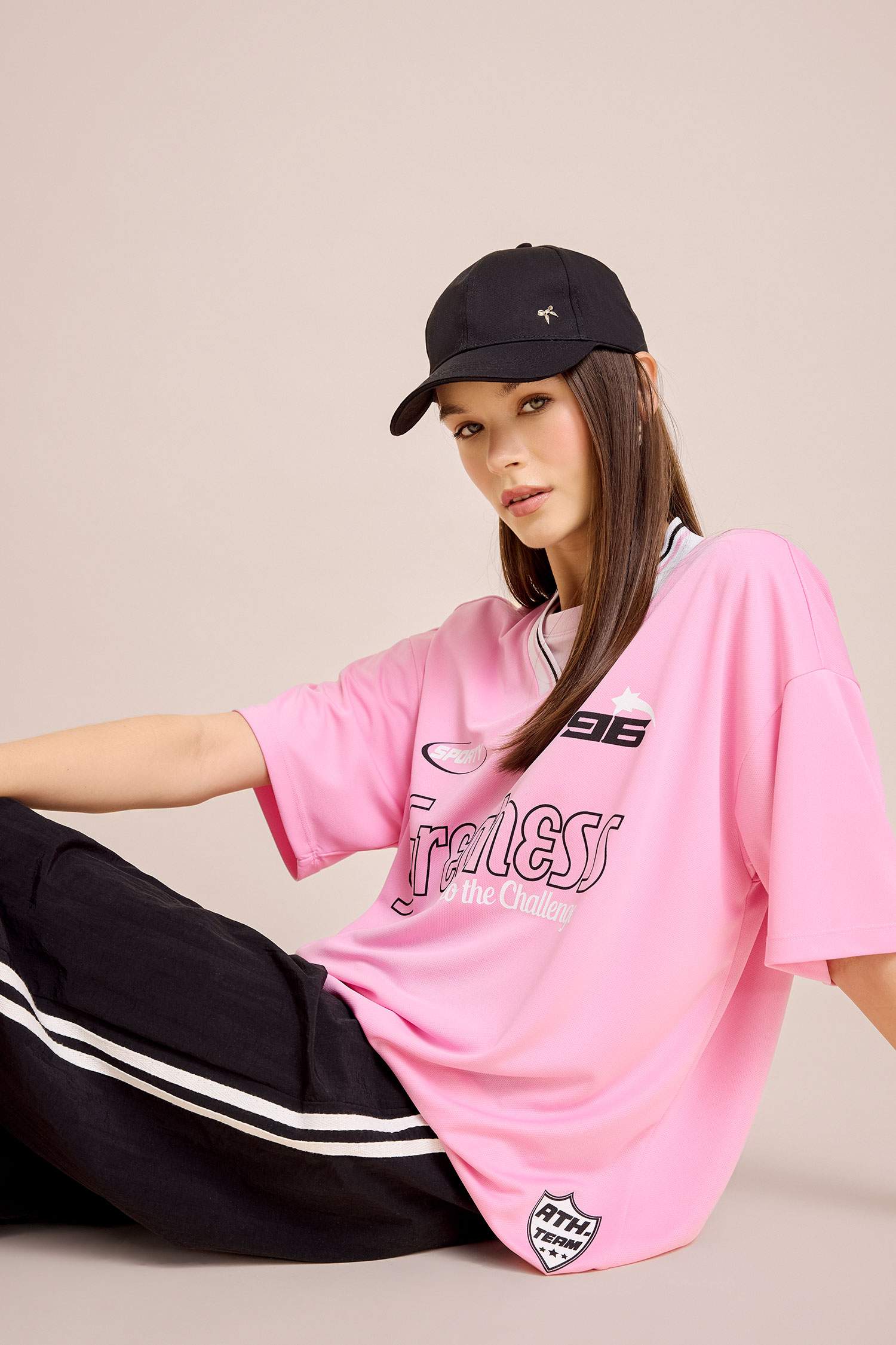 Oversize Fit V Neck Printed Short Sleeve T-Shirt