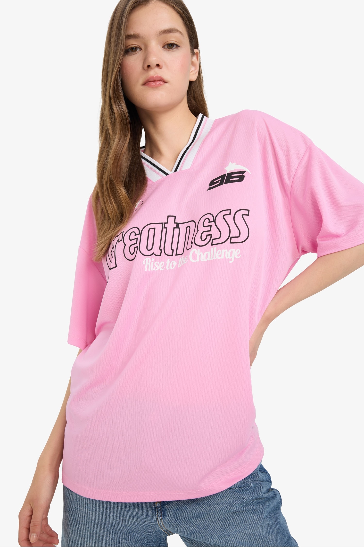 Oversize Fit V Neck Printed Short Sleeve T-Shirt