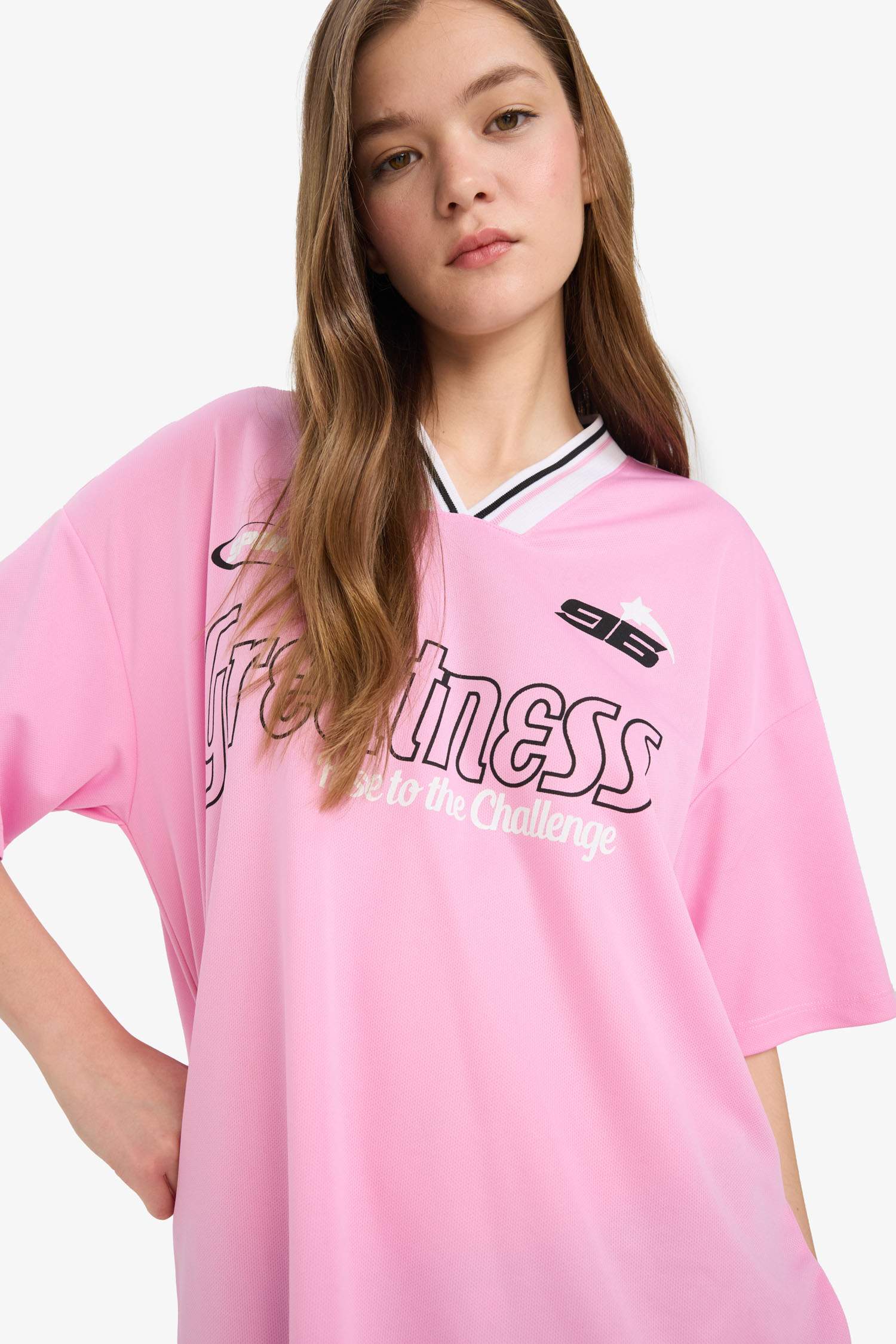 Oversize Fit V Neck Printed Short Sleeve T-Shirt