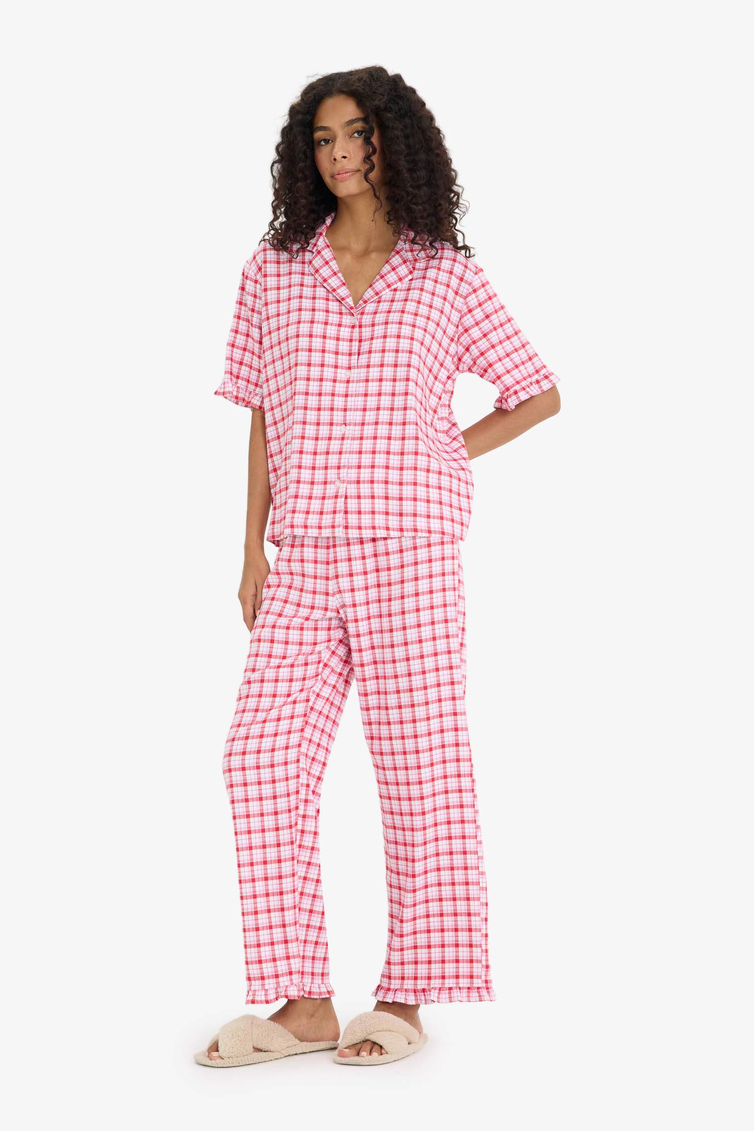 Pijama Takımı Flanel Kareli Kısa Kollu Üst Uzun Alt-Fall in Love