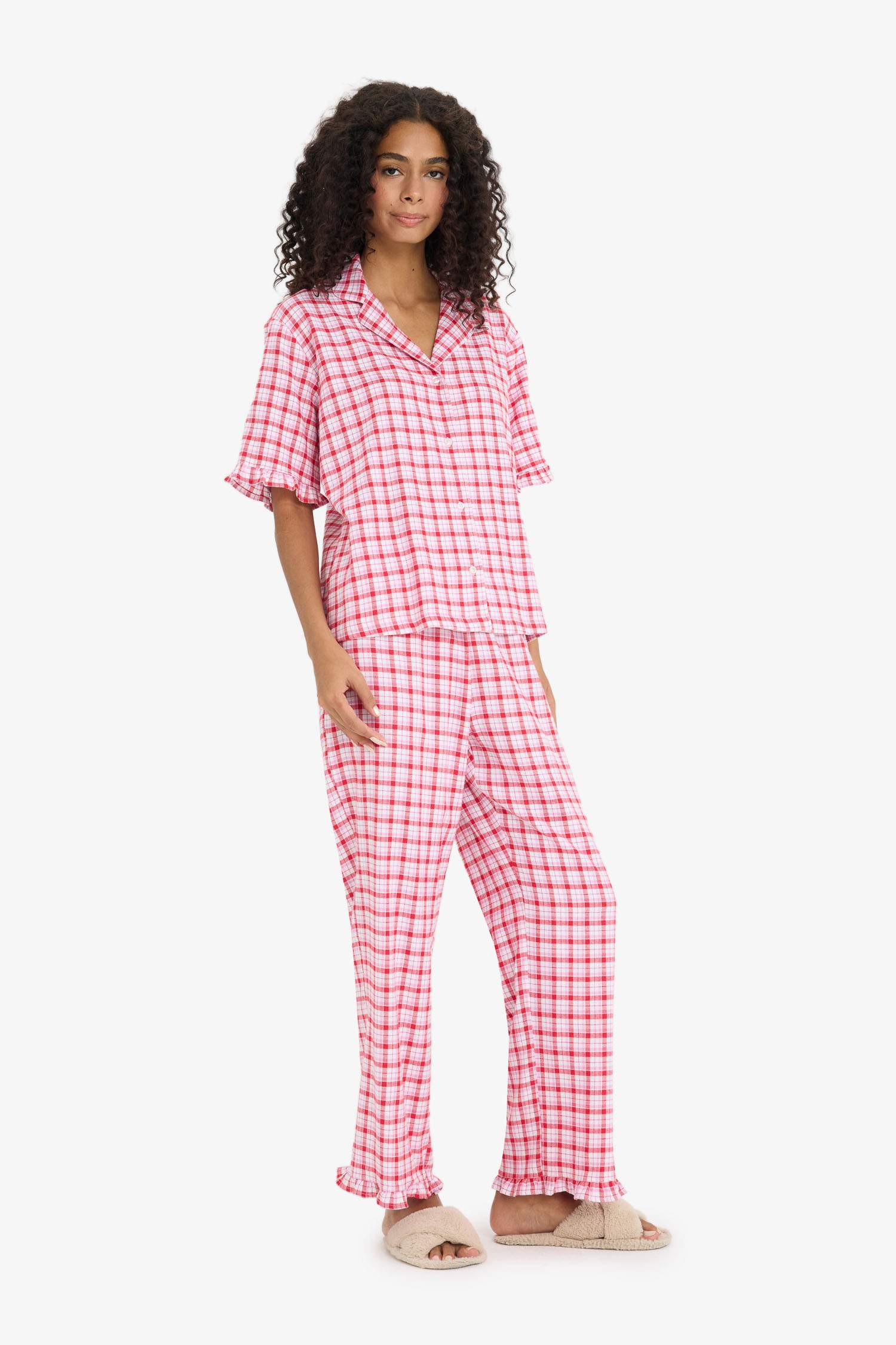 Pijama Takımı Flanel Kareli Kısa Kollu Üst Uzun Alt-Fall in Love