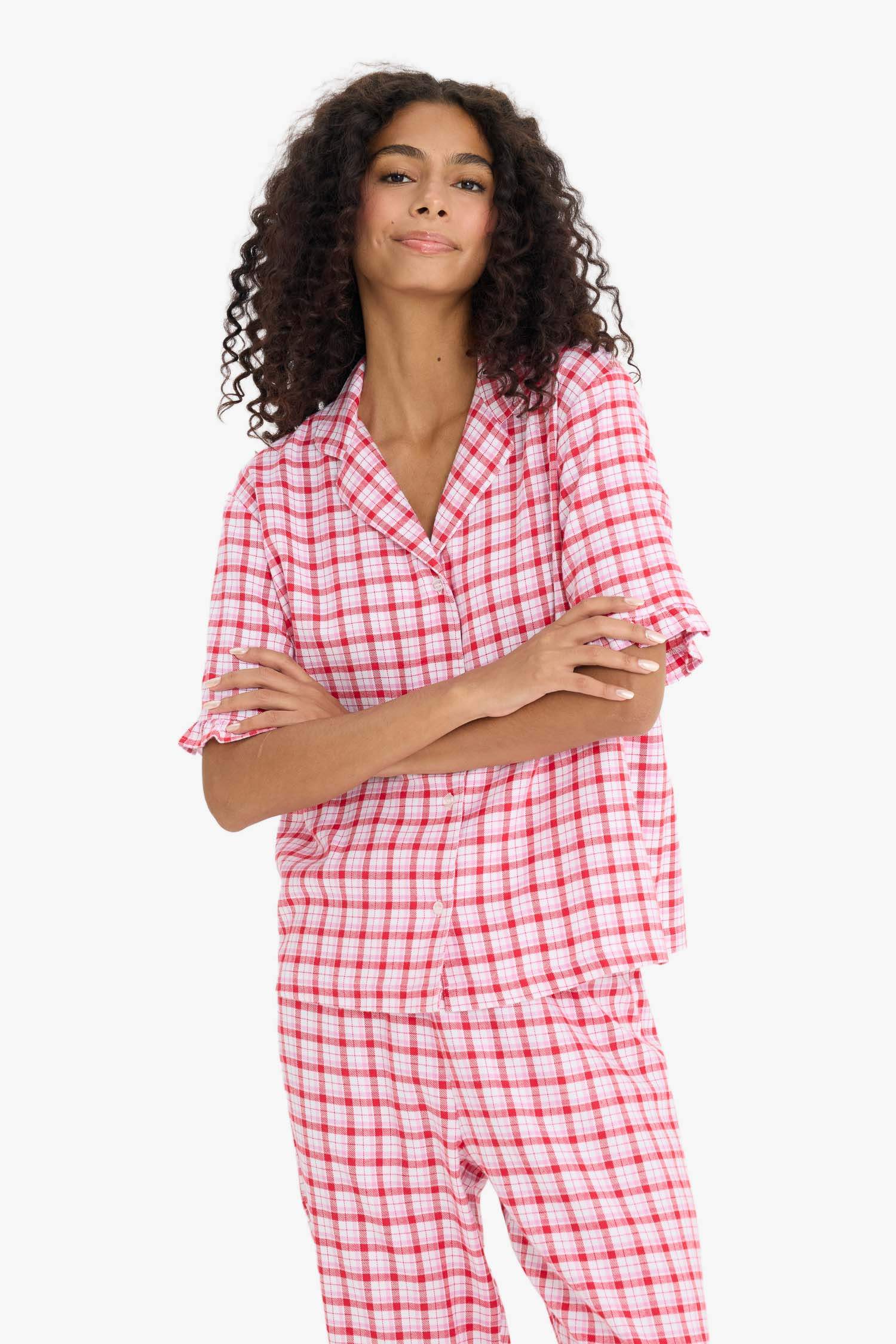 Pijama Takımı Flanel Kareli Kısa Kollu Üst Uzun Alt-Fall in Love