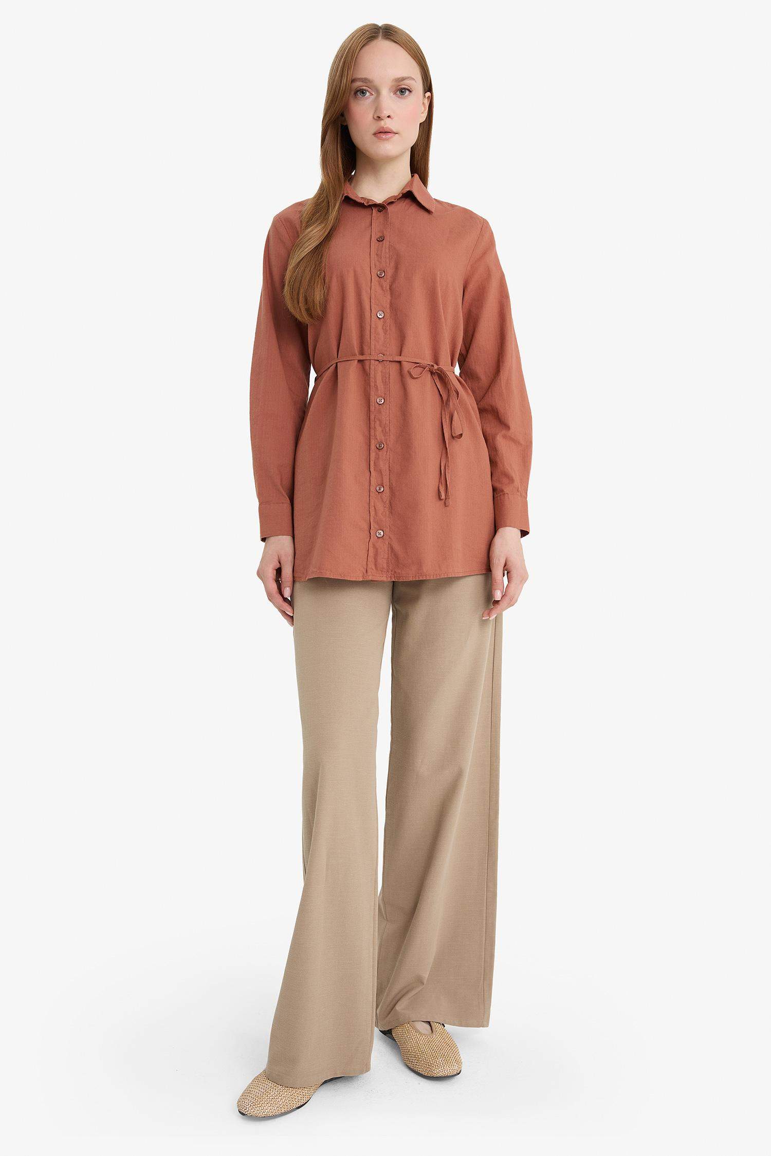 Keten Karışımlı Wide Leg Geniş Paça Flamlı Pantolon